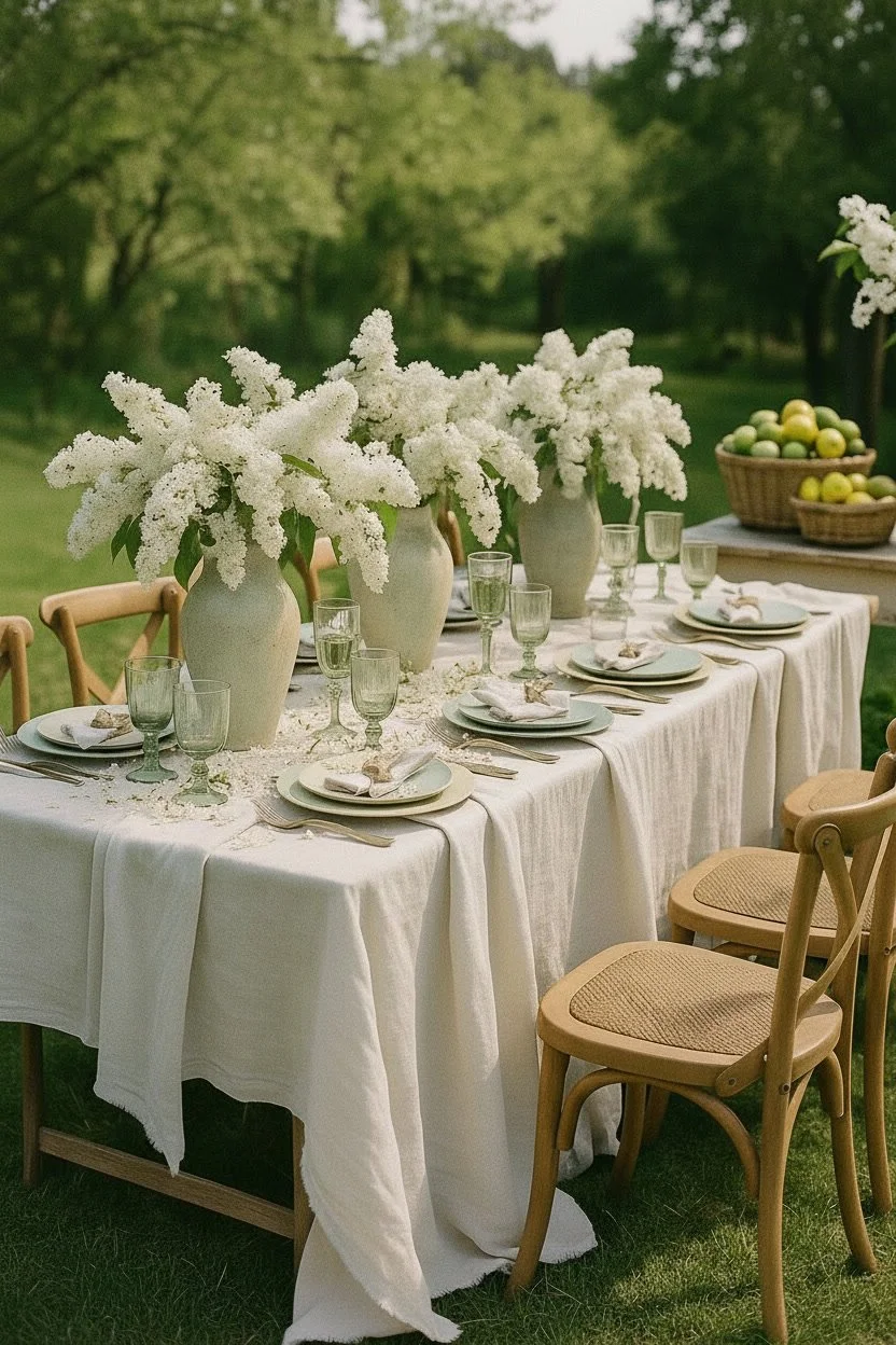 Outdoor dining table decorated with white floral arrangements and set with plates, silverware, and glassware in a natural green setting.