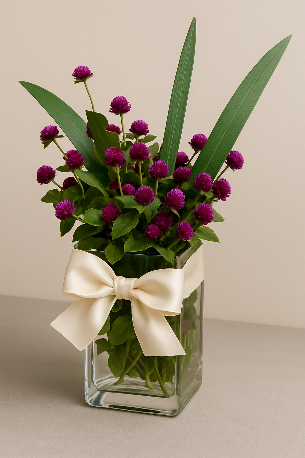 A floral arrangement with purple flowers and green leaves in a clear square glass vase, decorated with a cream satin ribbon bow.