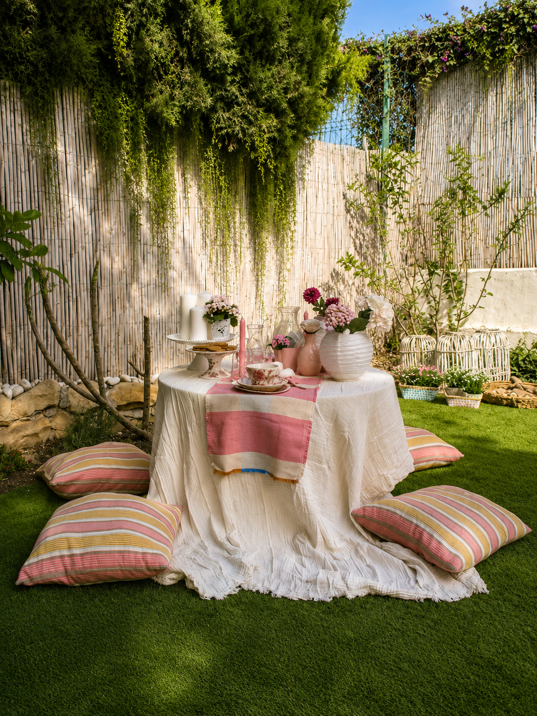 A cozy outdoor patio setup with a round table covered with a white tablecloth and a pink and beige striped runner, surrounded by cushions on the grass, decorated with flowers in white vases, candles, and tableware, enclosed by a bamboo fence with greenery and potted plants in the background.