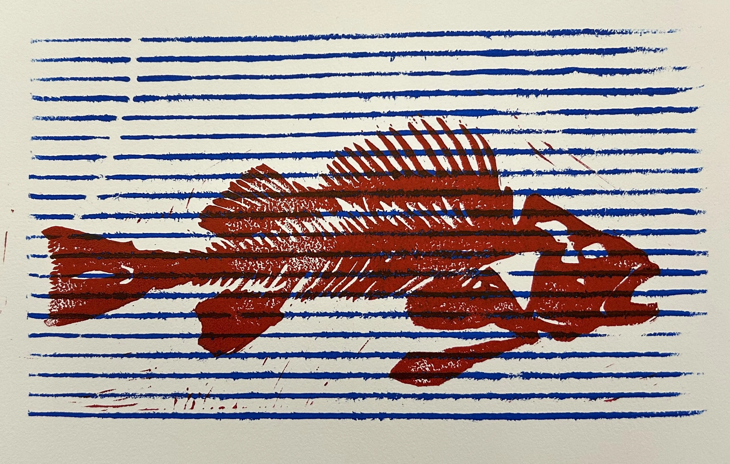  In Fish We Trust , size, linocut and corrugated fiberboard print on paper