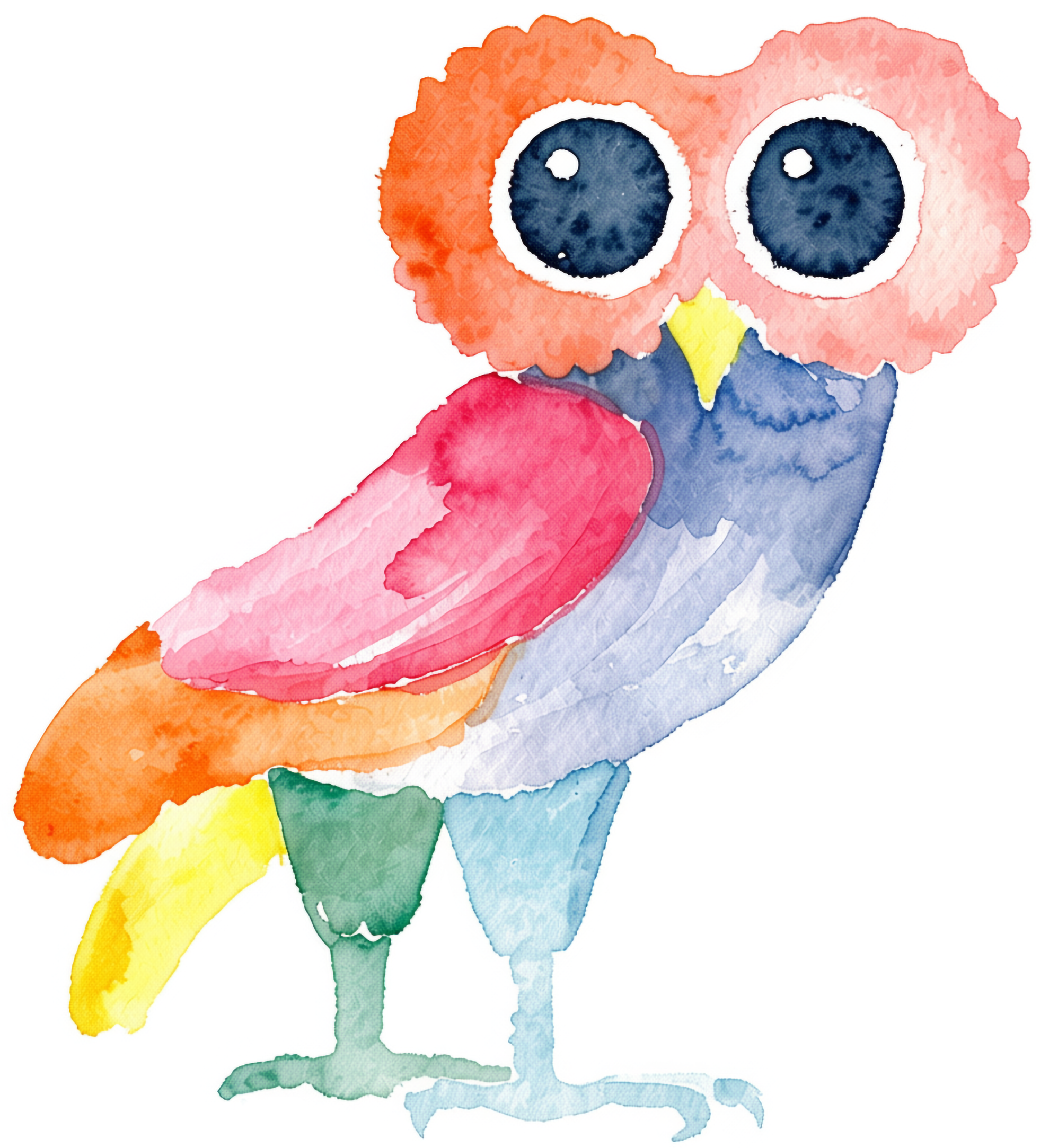 A colorful watercolor illustration of an owl with large blue eyes, pink and orange feathers, and a yellow beak, standing on one leg against a white background.