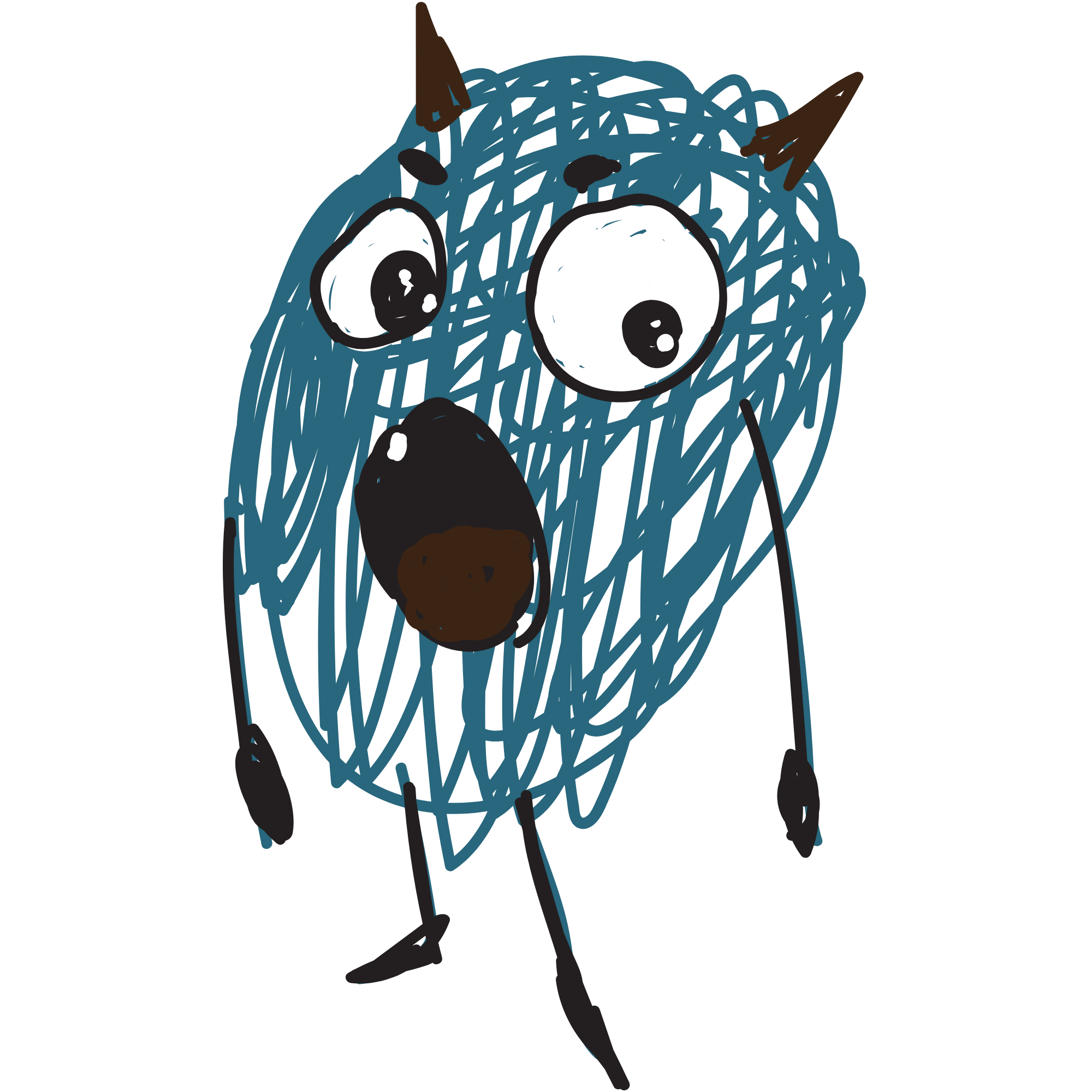 Illustration of a cartoon dog with large eyes, blue fur, and brown ears.
