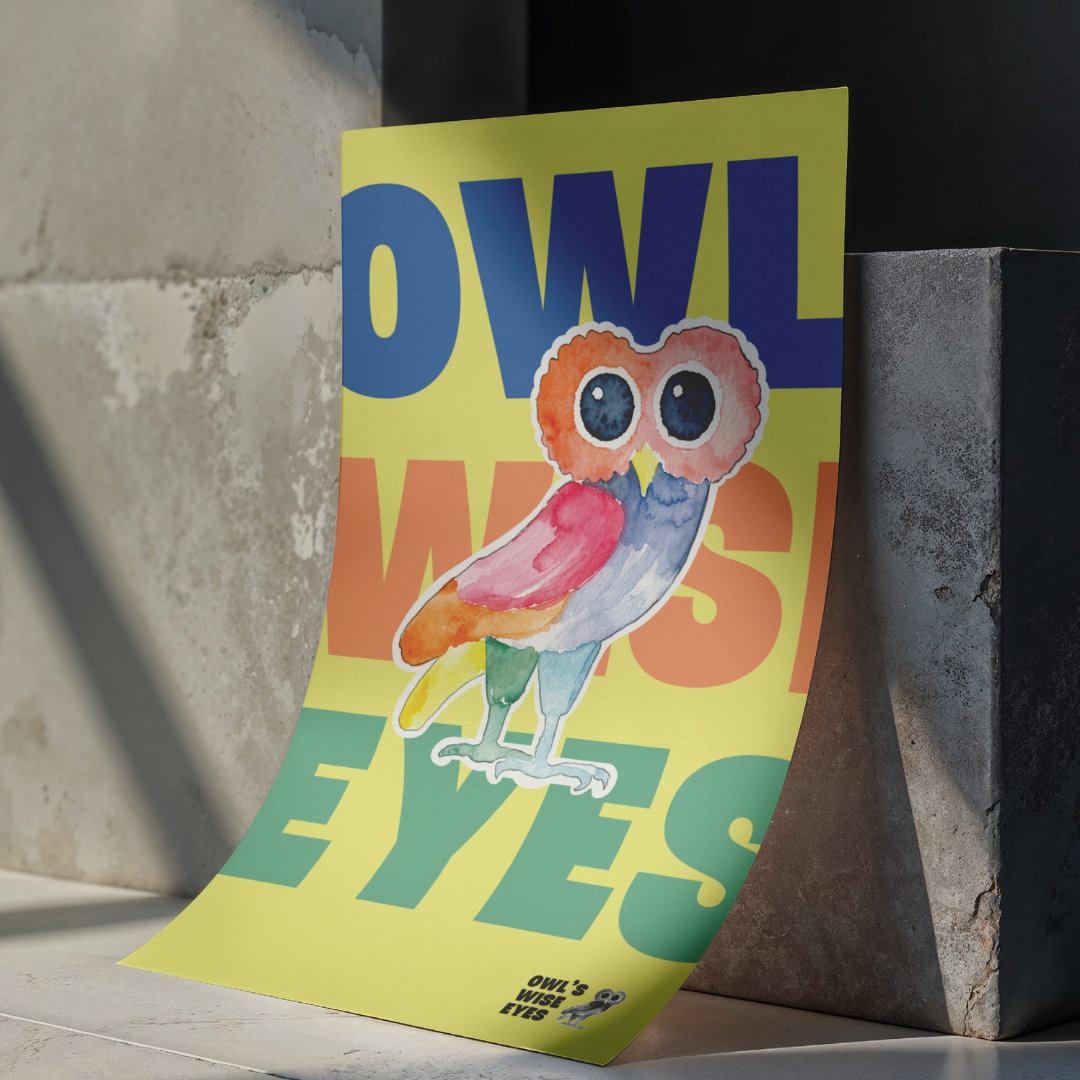 Colorful poster featuring a cartoon owl with large eyes and vibrant feathers leaning against a textured wall and brick surface.