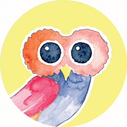 Watercolor illustration of an owl with large blue eyes, pink and orange face, pink and purple wings, and a yellow beak, set against a yellow circular background.