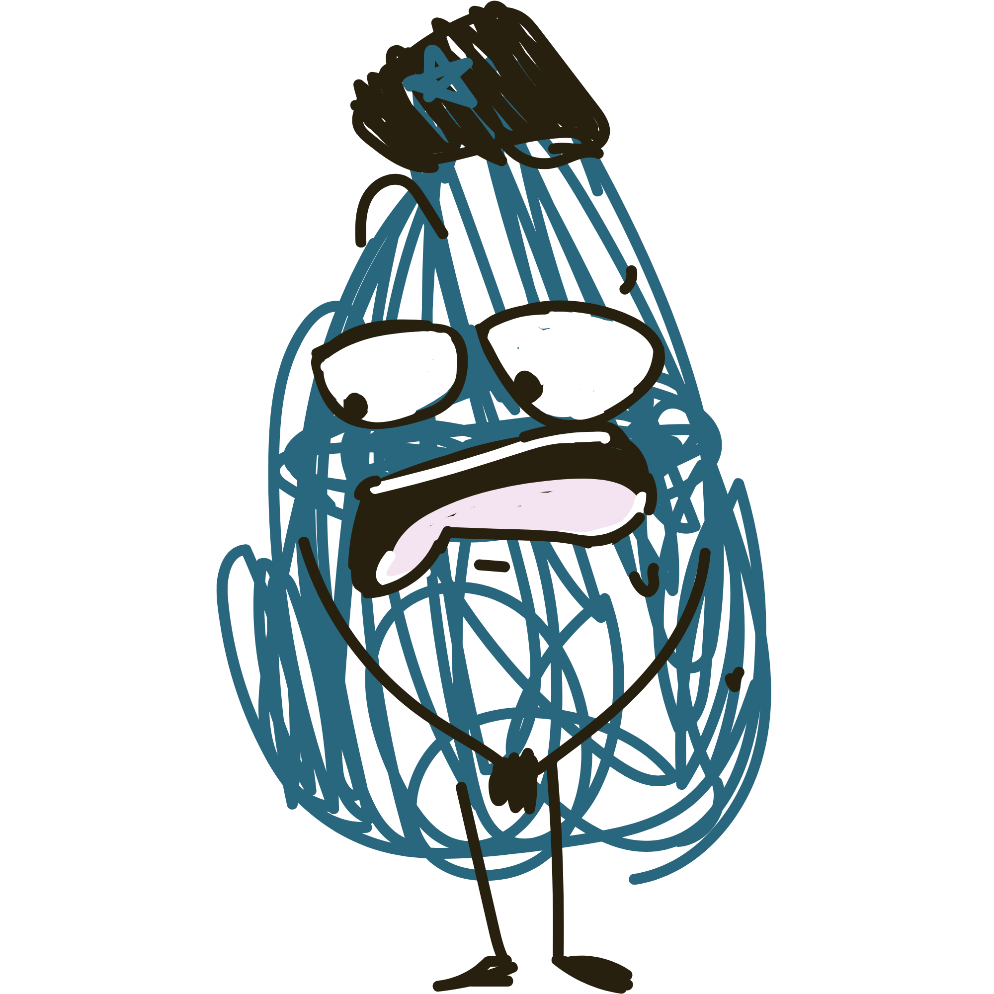 Illustration of a cartoon bird with glasses, standing with its head tilted to the side.