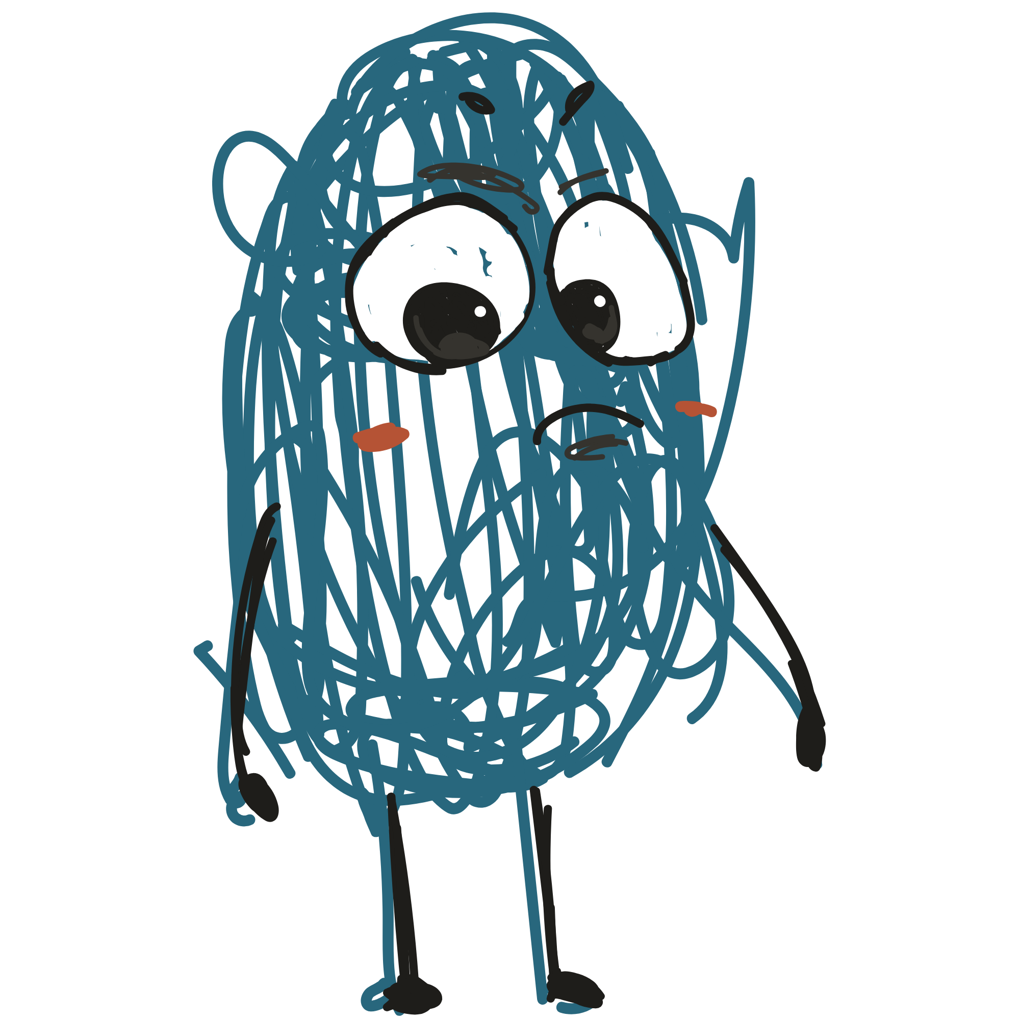 A drawing of a dog with messy, scribbled blue fur and large googly eyes.