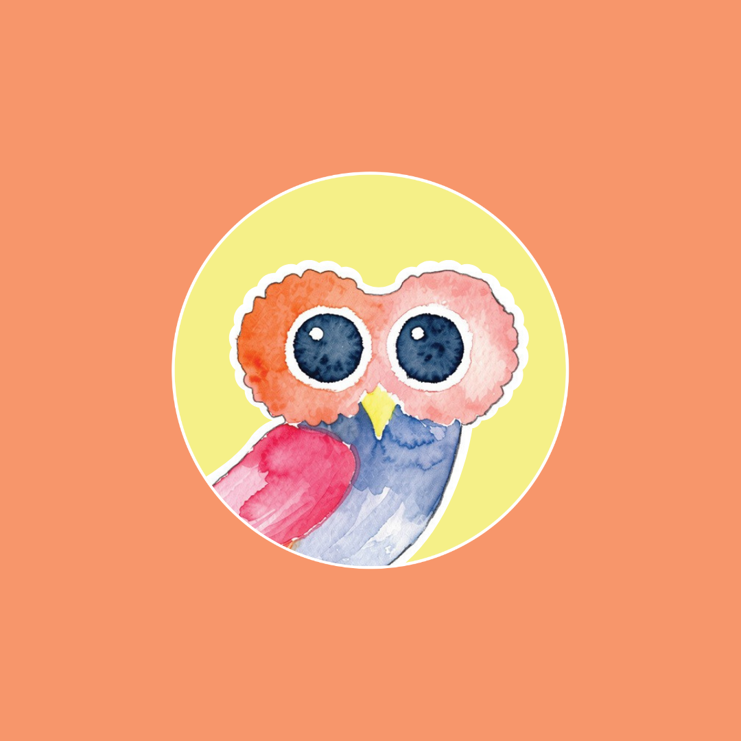 Watercolor illustration of an owl with large eyes, pink and gray feathers, and a yellow beak, centered on a yellow circle with a peach background.