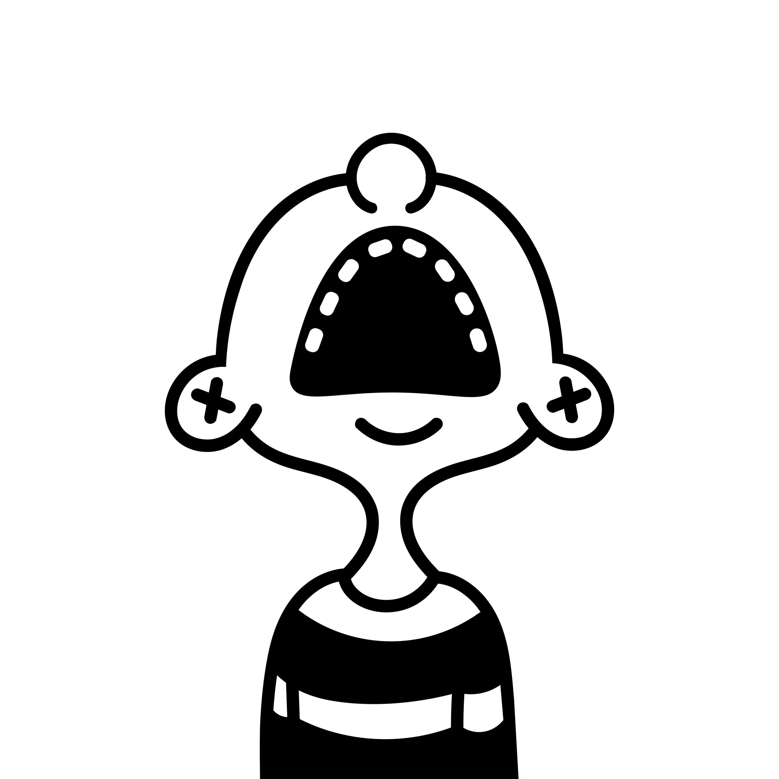 Black and white illustration of a person with crossed arms, smiling, wearing a shirt with horizontal stripes.