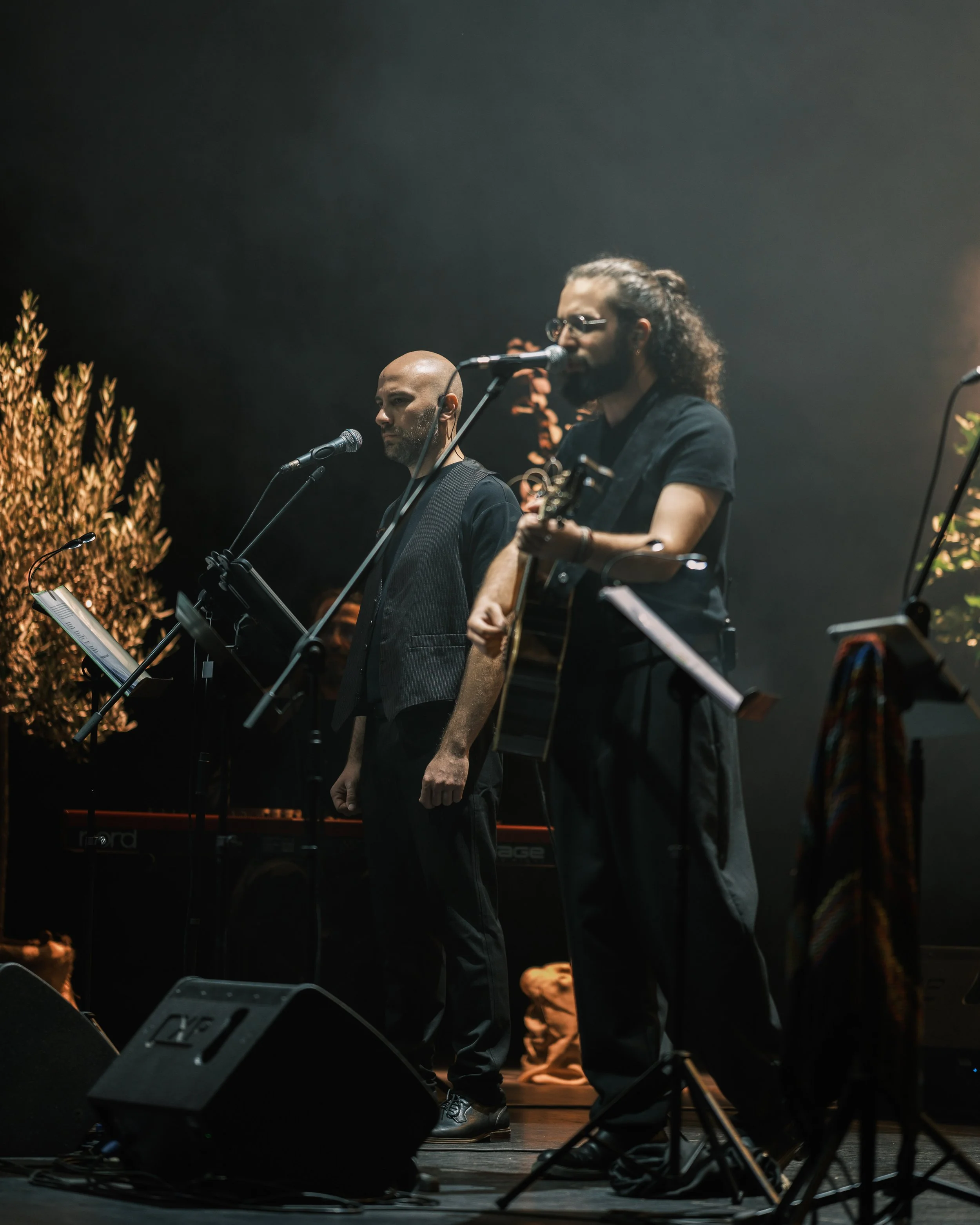 Two musicians stand on stage with microphones, one playing guitar and the other singing, illuminated by stage lights, with music equipment and stage decor around.