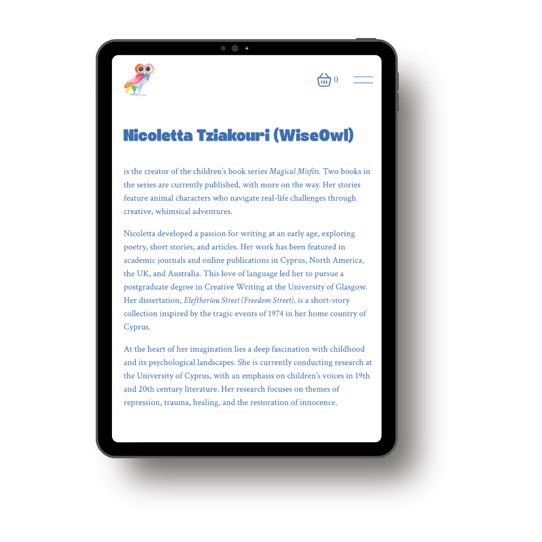 An eReader displaying a biography of Nicoletta Tziakouri (WiseOw), describing her work as an author of children's books, her academic background, and research interests, with a small owl illustration at the top left corner and a shopping cart icon at the top right.