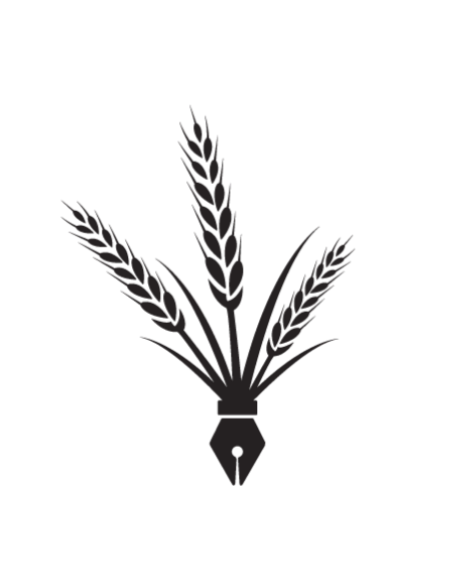 A black graphic of a fountain pen nib with three wheat stalks emerging from it.