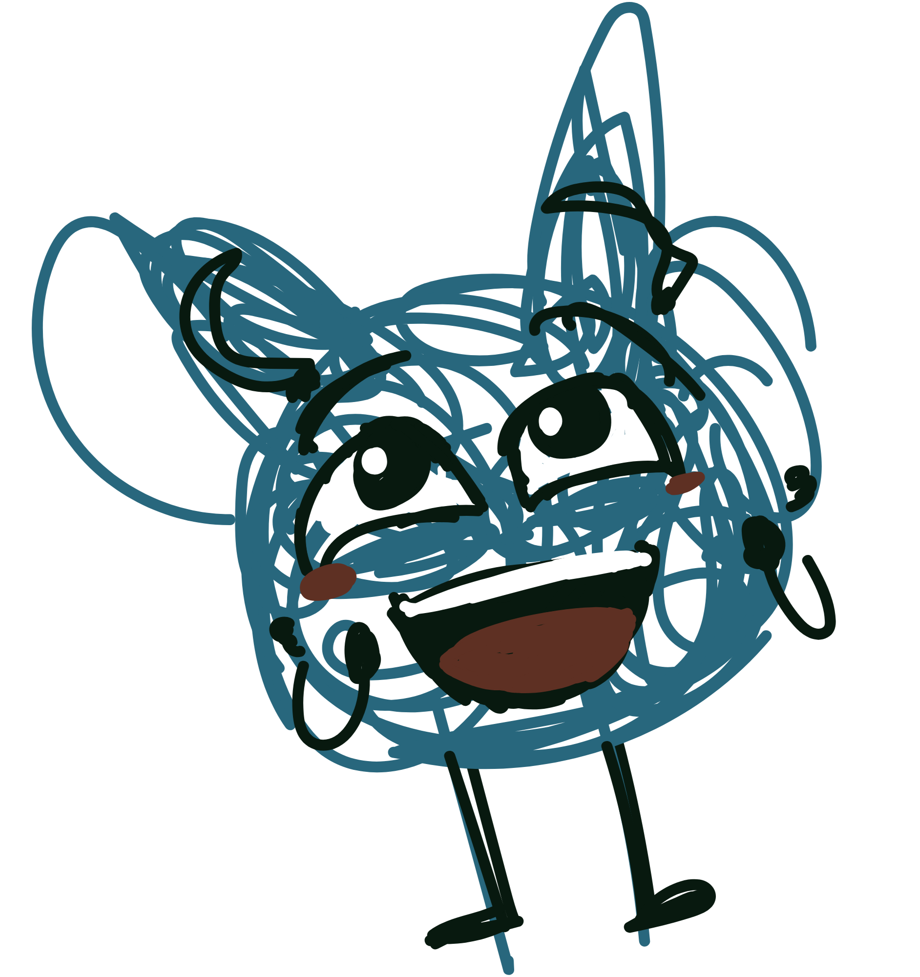 Line drawing of a bunch of blue and black mice with large ears and big eyes, with a black background.