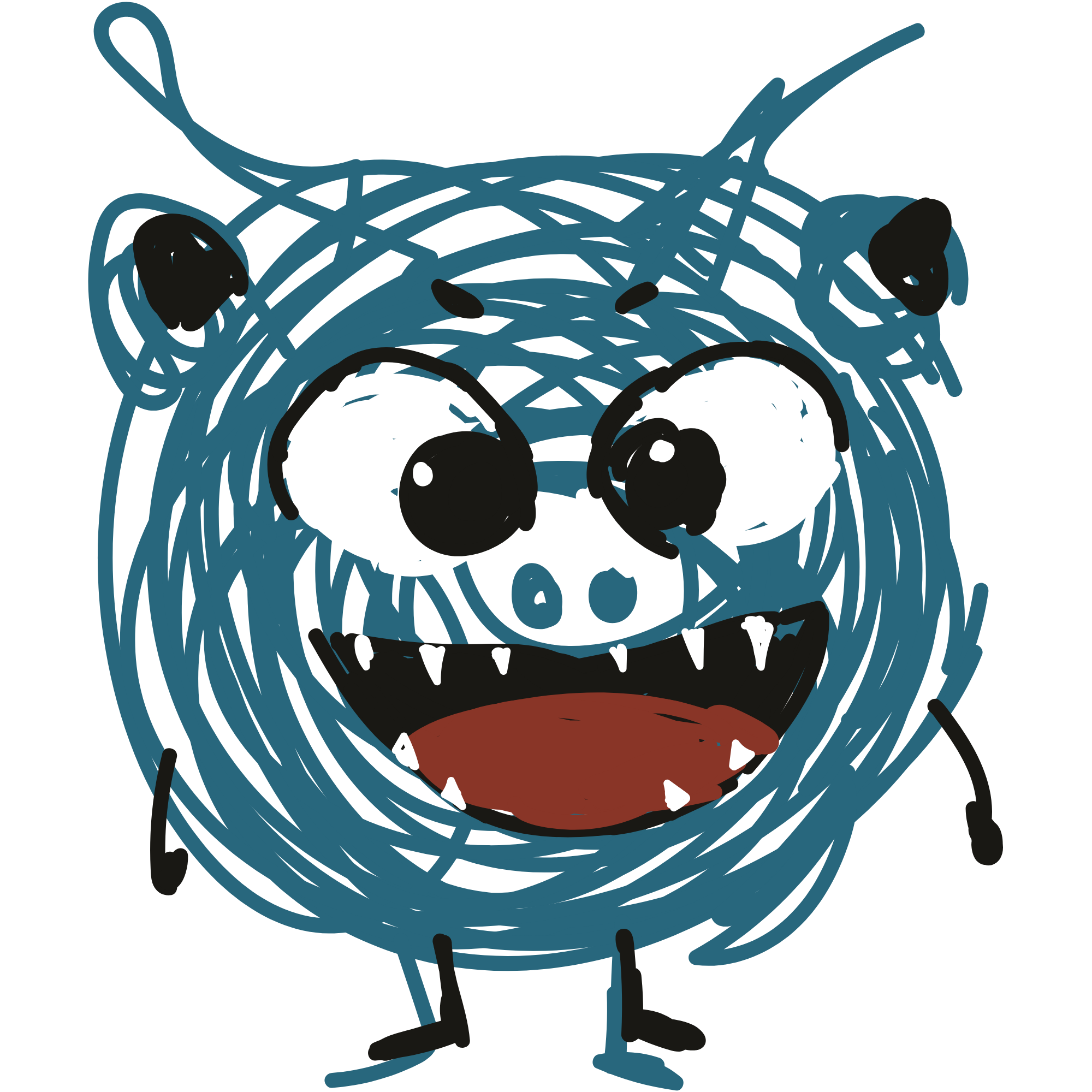 Drawing of a blue, furry monster with large eyes, sharp teeth, and a wide open mouth.