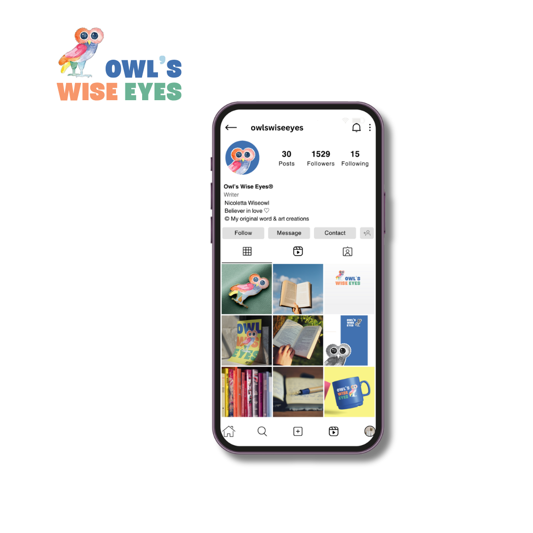 Instagram profile page of Owl's Wise Eyes, featuring a cartoon owl logo, with posts including books, an owl illustration, and a mug with the owl's logo.