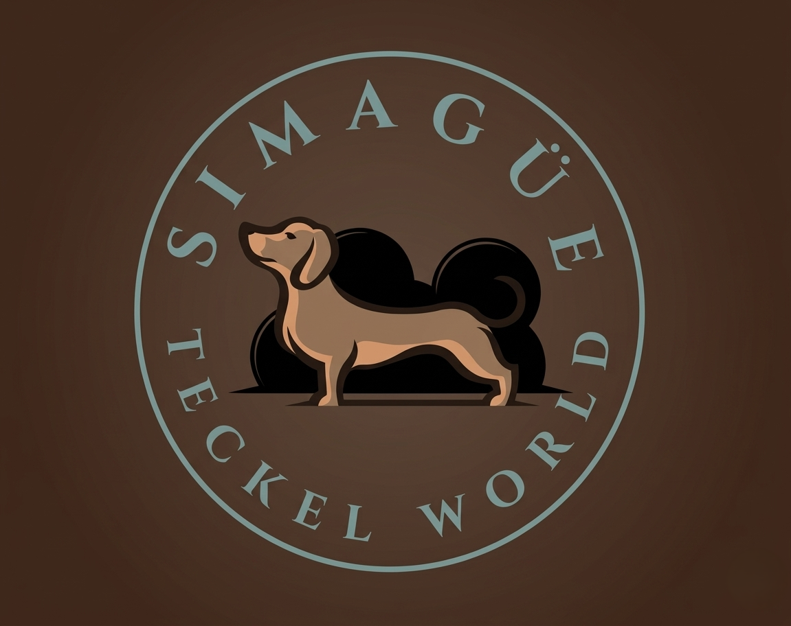 Logotipo circular con un perro estilo cartoon y letras que dicen 'Simagüe Teckel  World' en un fondo marrón.