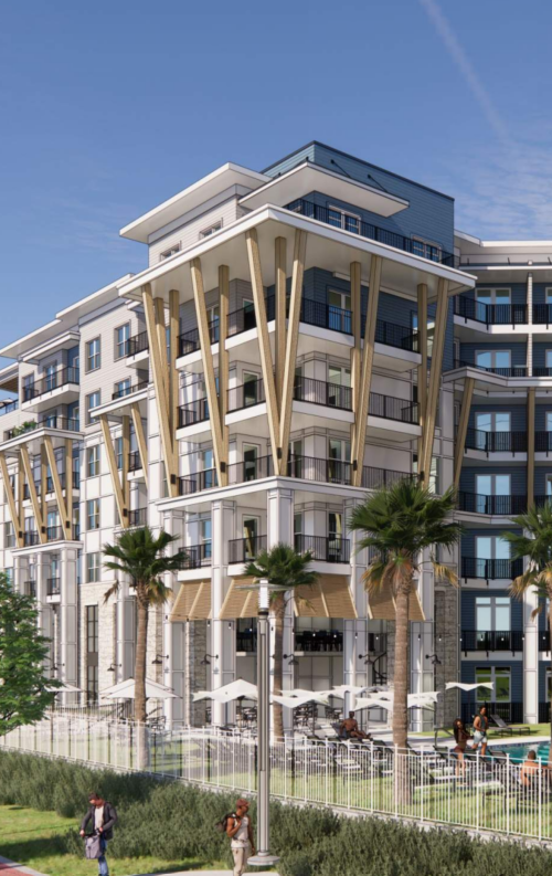 Modern multi-story apartment building with unique angled wooden supports, palm trees, outdoor seating with umbrellas, and people walking nearby.
