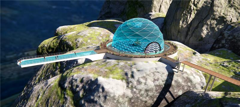 Futuristic glass observatory with a geodesic dome on a rocky mountain surrounded by trees.