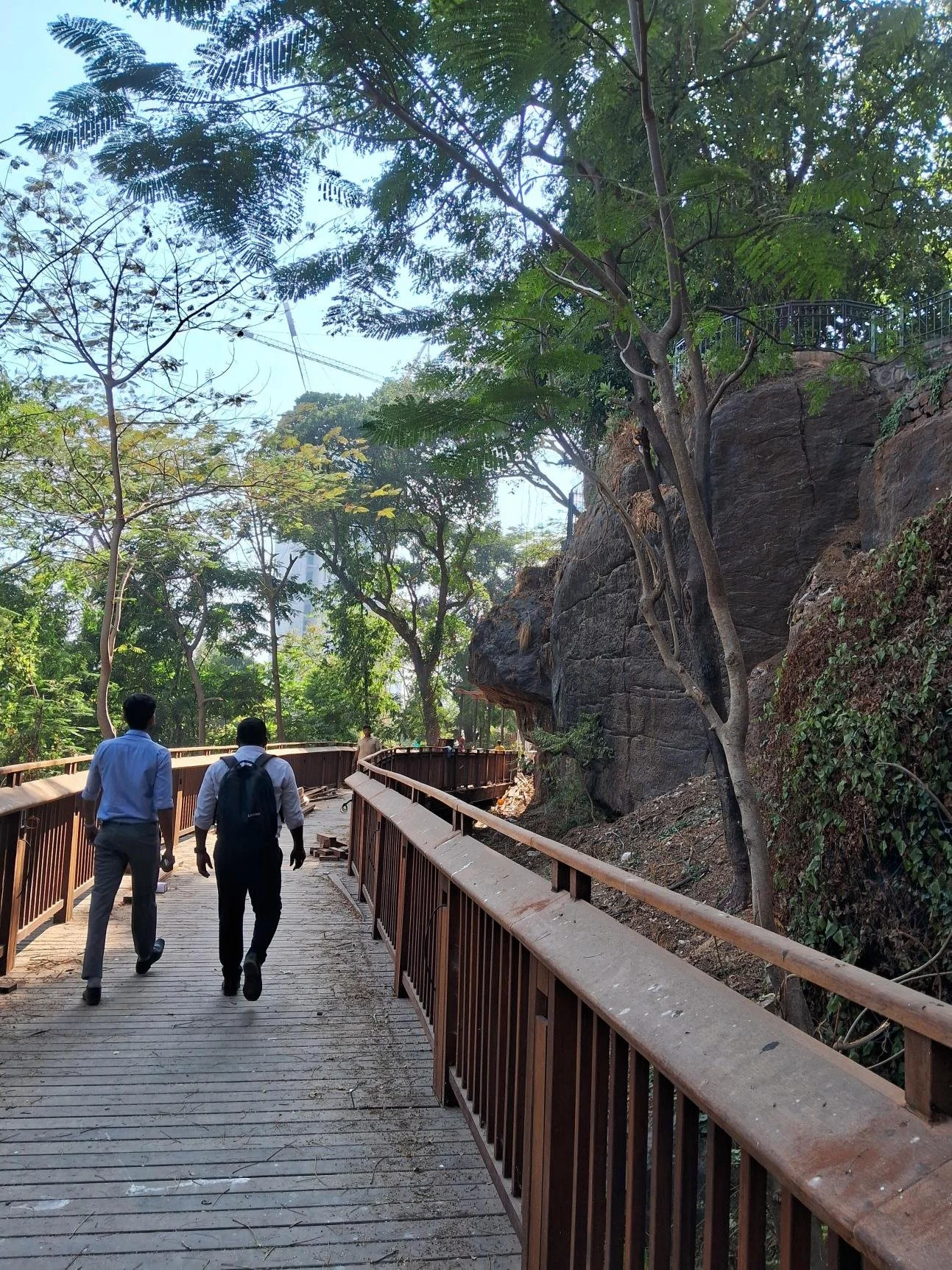 Two men walking along a wooden pathway surrounded by trees and rocks.
