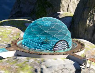 Futuristic geodesic dome building with a transparent blue roof, situated on a rocky landscape with green moss and trees.