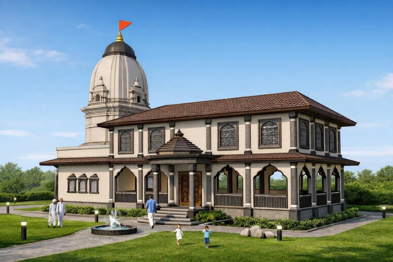 A large white building with a dome and a red flag on top, surrounded by green grass and trees, with a fountain and people in traditional clothing nearby.