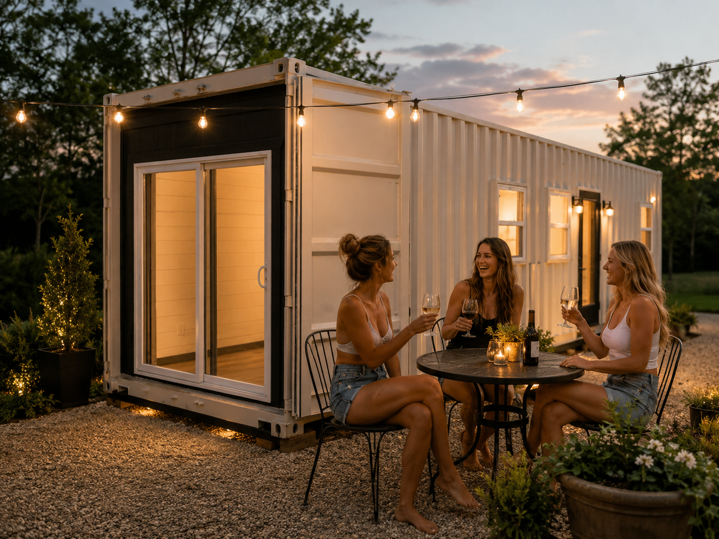 Exterior of a shipping container home at dusk with sliding glass door, string lights, and outdoor seating area