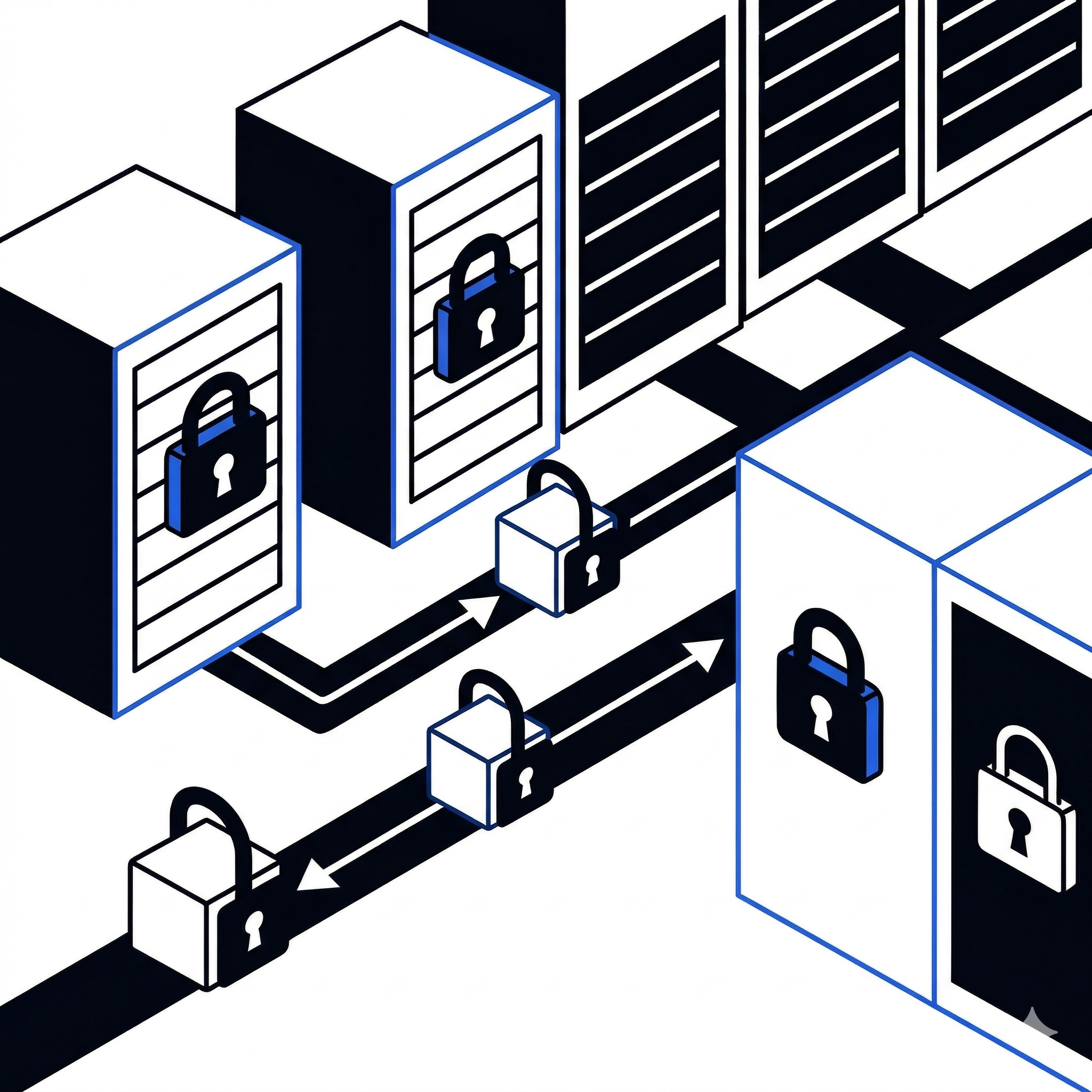 Illustration of servers with security locks, symbolizing cybersecurity or data security in the data centres used by QInsights.