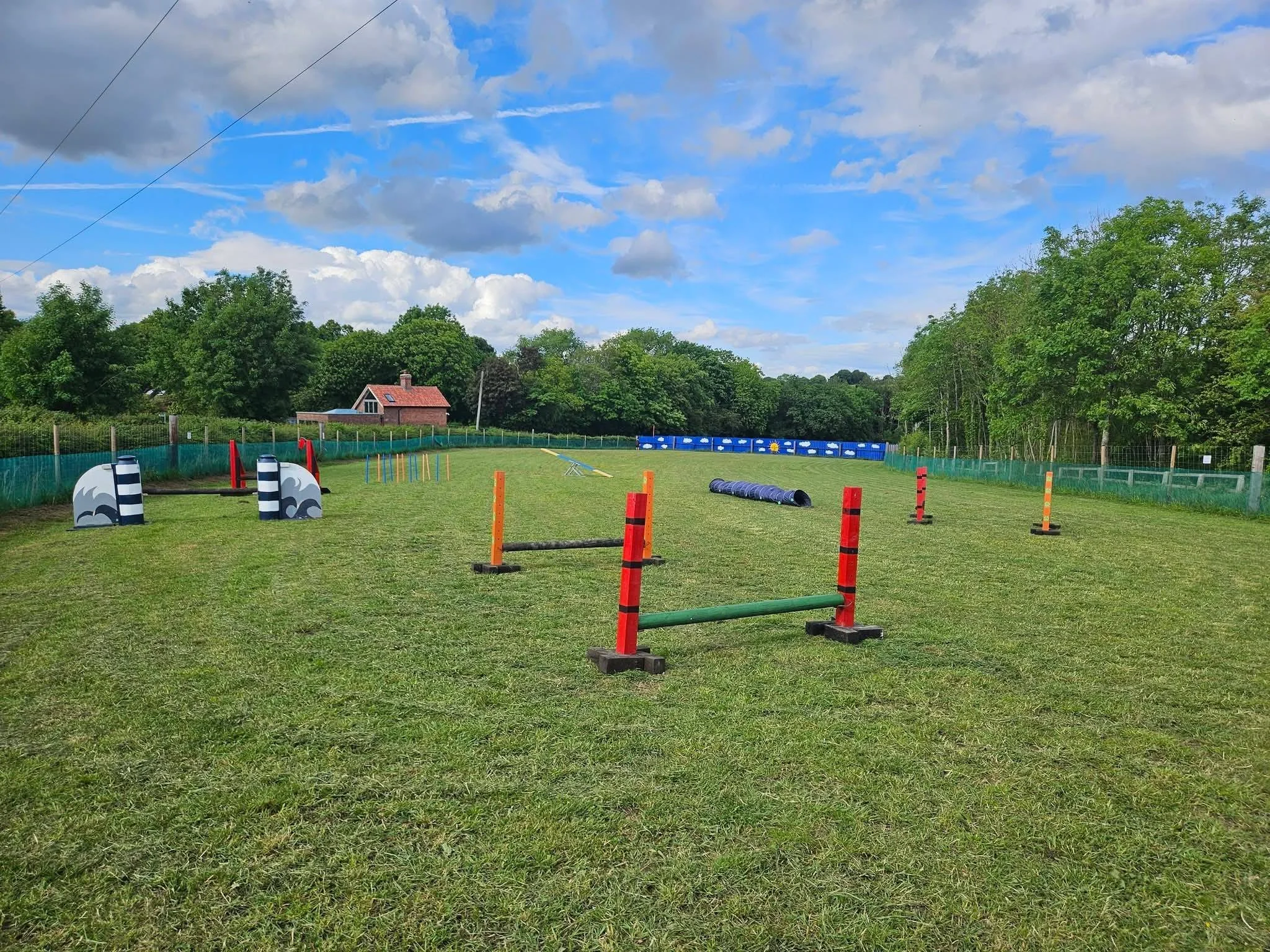 Outdoor dog agility course with jumps, tunnels, and hurdles on grassy field surrounded by trees and blue sky with clouds.