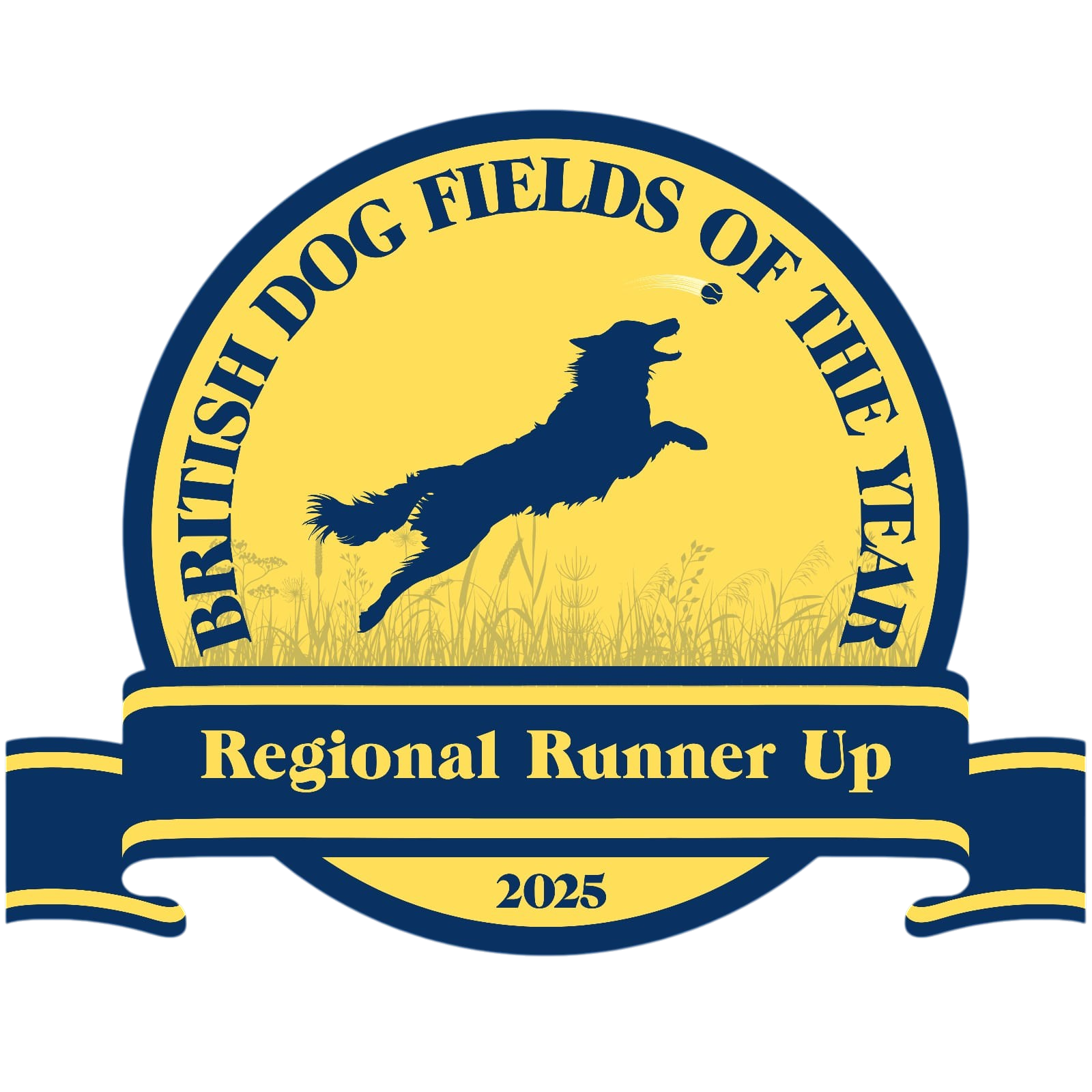 Badge with a silhouette of a dog chasing a ball, text reading 'British Dog Fields of the Year', 'Regional Runner Up', and the year 2025.