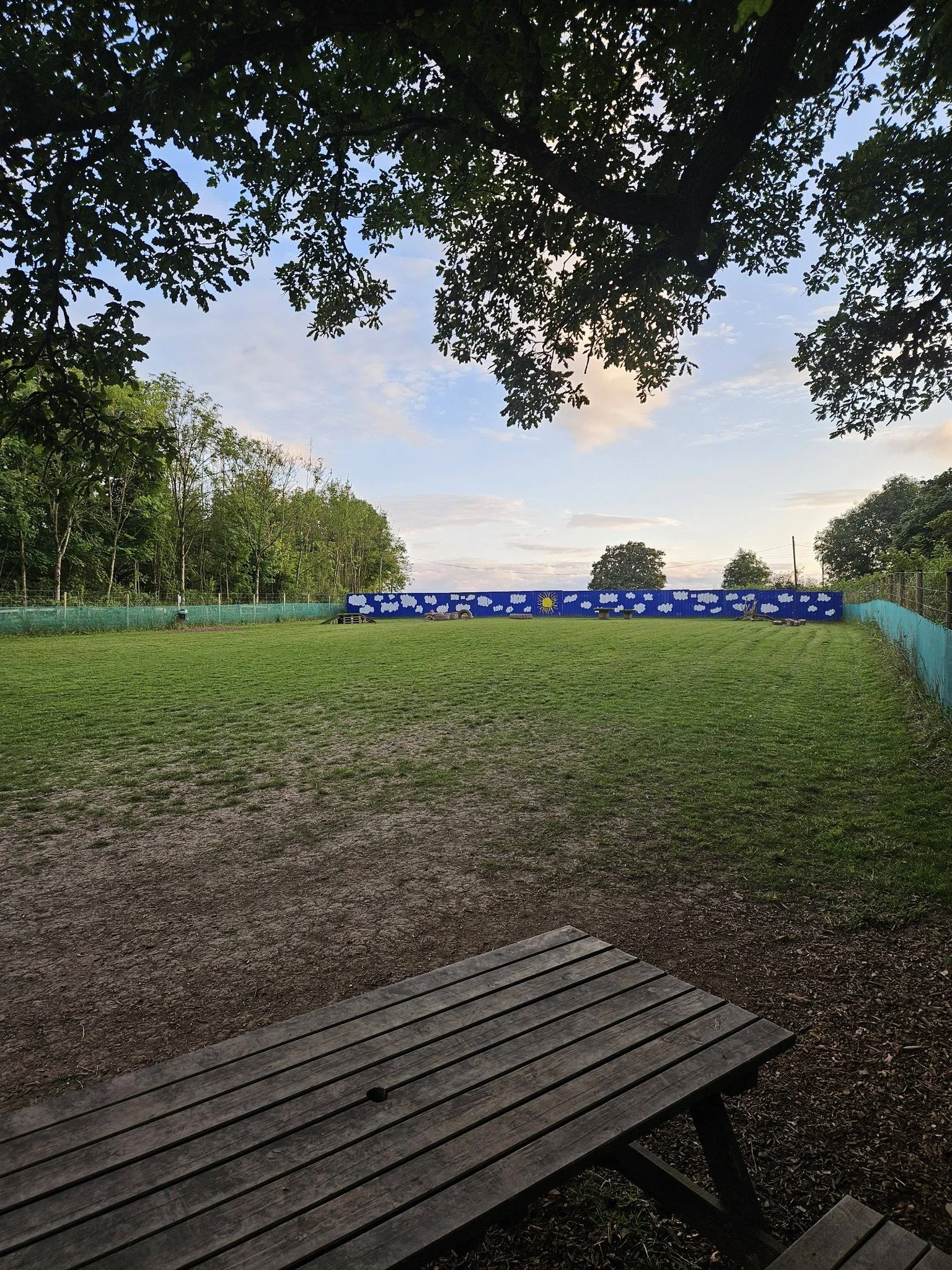 A grassy sports field enclosed by a fence, with a colorful mural of clouds, the sun, and blue sky in the background, and trees surrounding the area. There is a wooden bench in the foreground.
