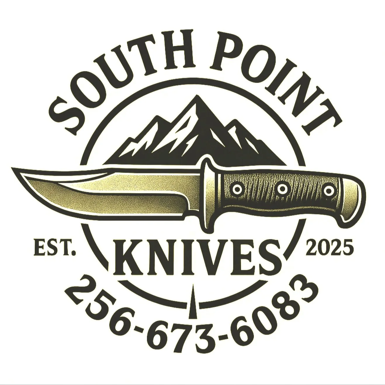 Logo for South Point Knives featuring a mountain range, a knife with a wooden handle, and text indicating establishment in 2025 with contact number.
