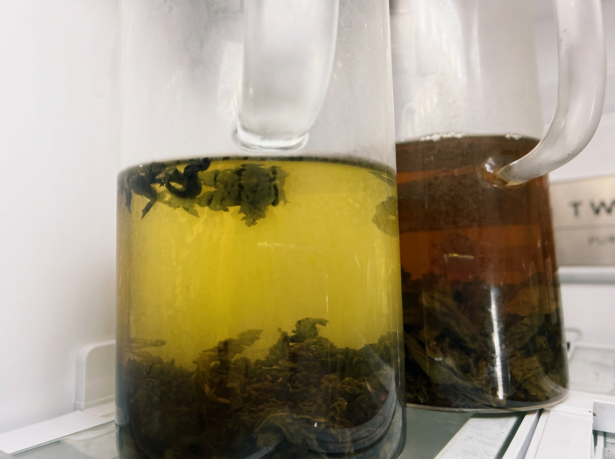 Two glass pitchers of oolong tea steeping side by side in a refrigerator, one green-gold and the other deep amber.