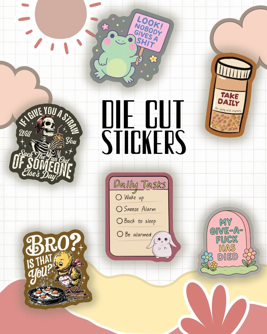 okay but LOOK AT THEM 😭💖

my first batch of die cut stickers are officially ready for @mercuryfestsg + @lioncityfaire !!

i wanted these stickers to feel chaotic, cute, slightly unhinged, and painfully relatable ✨

from emotional support frogs to d