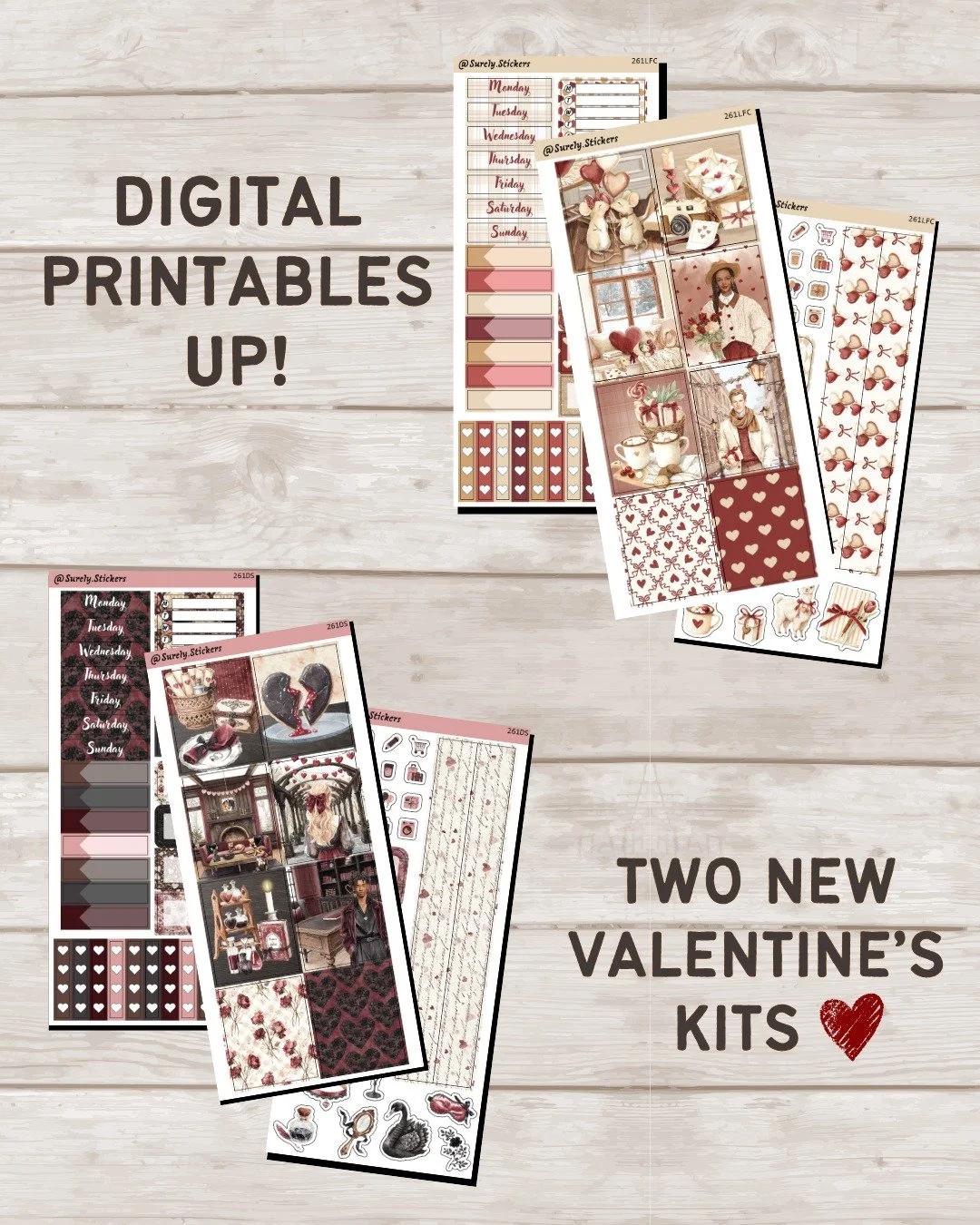 Two digital sticker kits, two very different moods 🍒🖤
Both the Love at First Cherry and Deadly Sweethearts digital sticker kits are now available in the shop.

From soft romance and gentle pinks to dark, gothic-inspired elegance, each kit is design