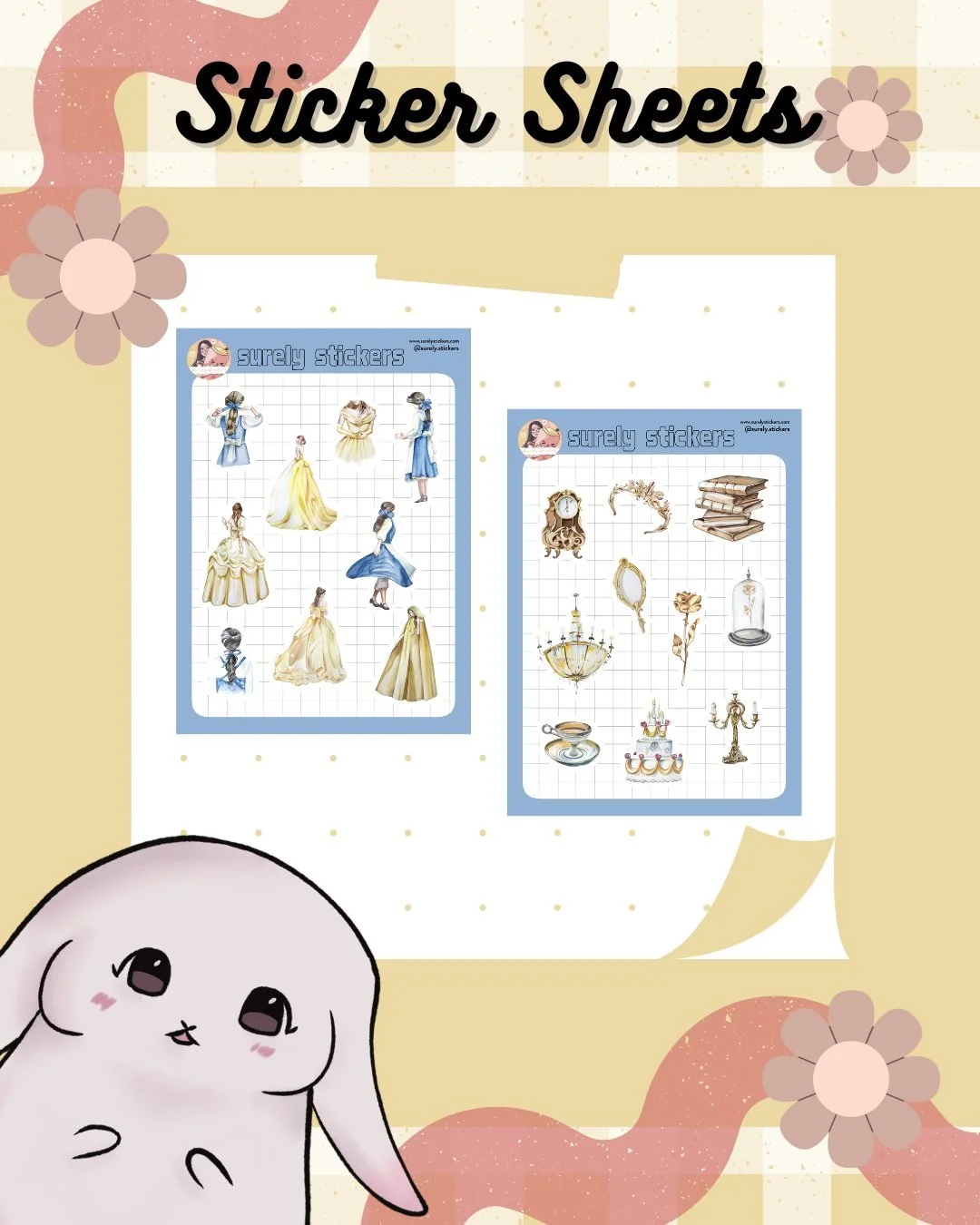 this sticker sheet collection was inspired by the cozy fairytale magic of Beauty and the Beast ✨🌹

i wanted these sheets to capture both sides of the story i&rsquo;ve always loved most ---> the warm storybook and library feeling and the dreamy el