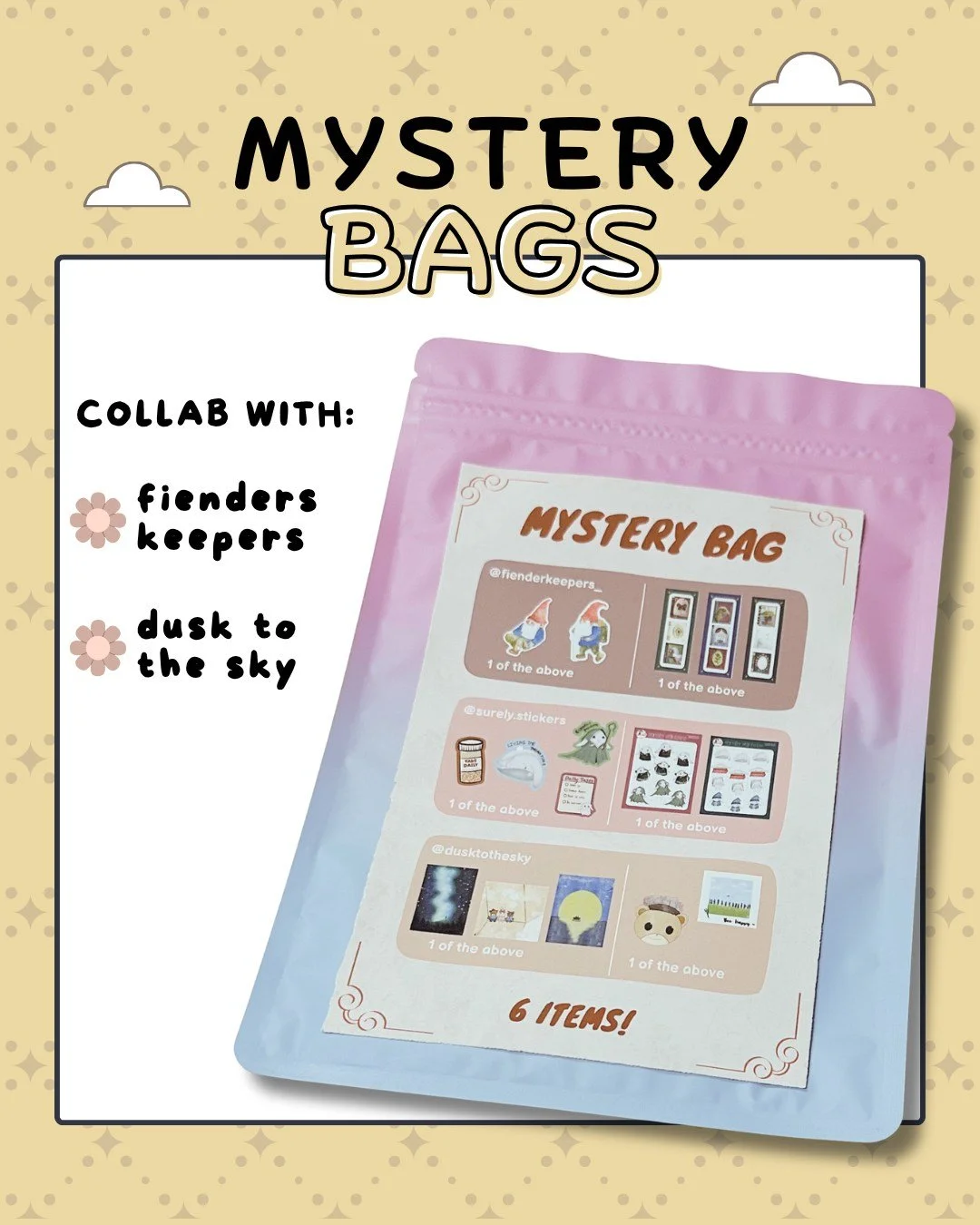 Yayyyyy! I'm going to be collaborating with @fienderskeepers_  and @dusktothesky for this mystery bags! They're limited and super value for moneyy! SIX ITEMS in each of them! 

Come get them at @mercuryfestsg this Fri-Sun, 5-7 Jnue 2026 😍

 #sticker