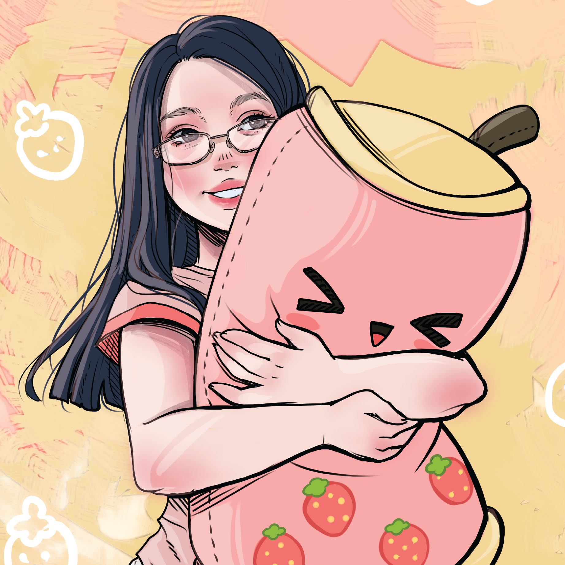 An illustration of a young woman holding a large bubble tea soft toy. She has long dark hair, glasses, and is smiling. The background is a mix of pastel colors with some doodles of food items like strawberries and vegetables.