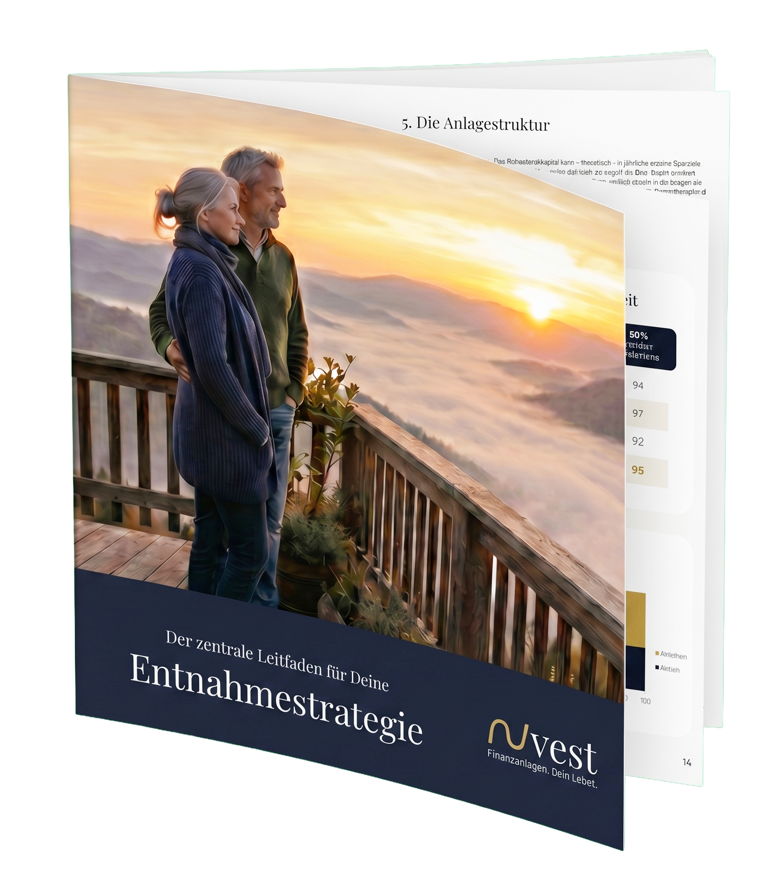 Buchcover mit einem Bild eines Paares, das auf einer Terrasse bei Sonnenuntergang steht, Blick auf eine Wolkendecke und Berge. Das Buch ist auf Deutsch und handelt von Entnahmestrategien für Finanzen.