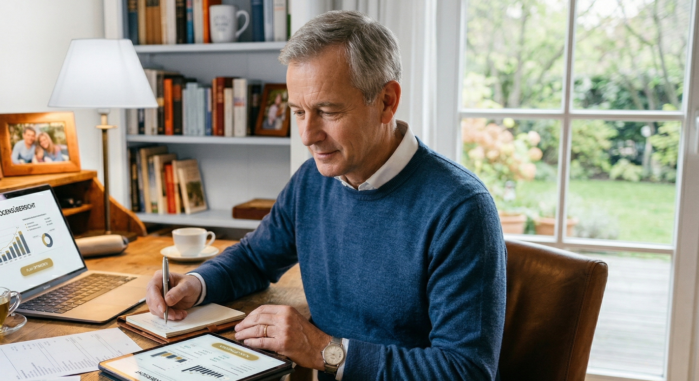 Älterer Mann arbeitet an einem Schreibtisch mit Laptop, Tablet, Notizbuch und Dokumenten, im Hintergrund ein Bücherregal und große Fenster mit Blick auf einen Garten.