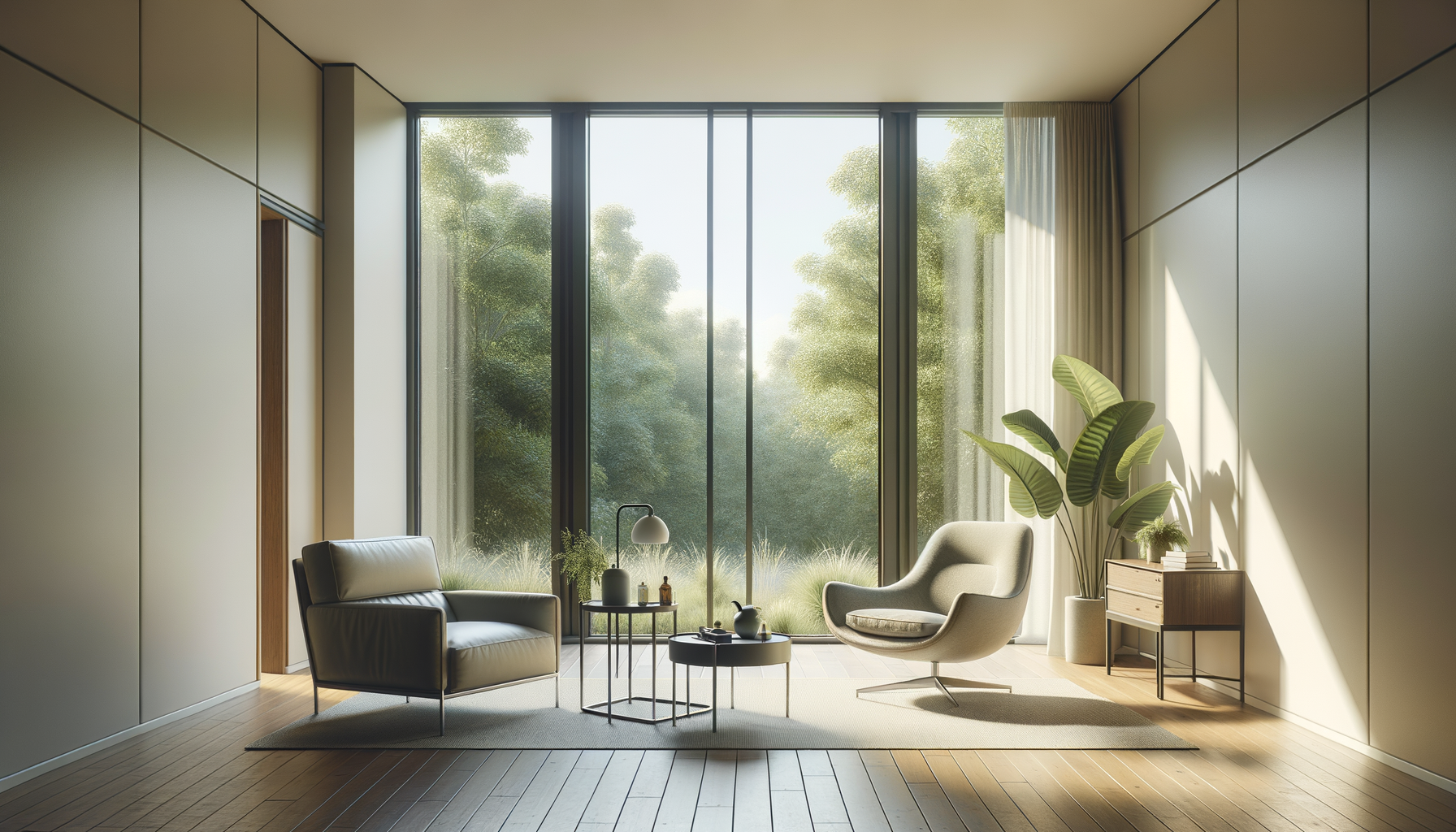 Modern living room with large floor-to-ceiling windows, beige walls, wooden flooring, a gray armchair, a beige Lounge chair, side tables with decor, and a large green potted plant, sunny outdoors.