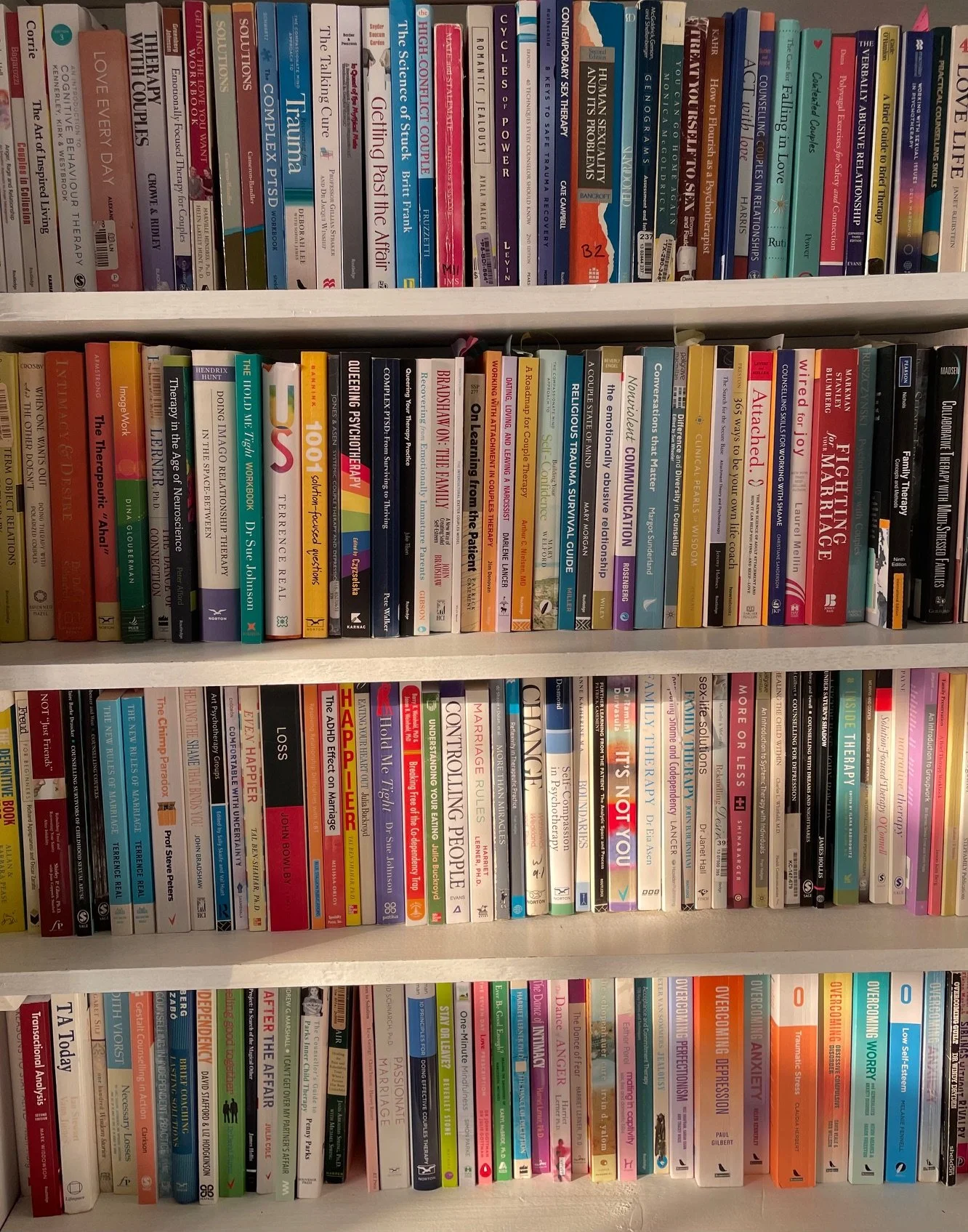 Bookshelves filled with various books, mostly related to psychology, therapy, self-help, and mental health topics, arranged in multiple rows.