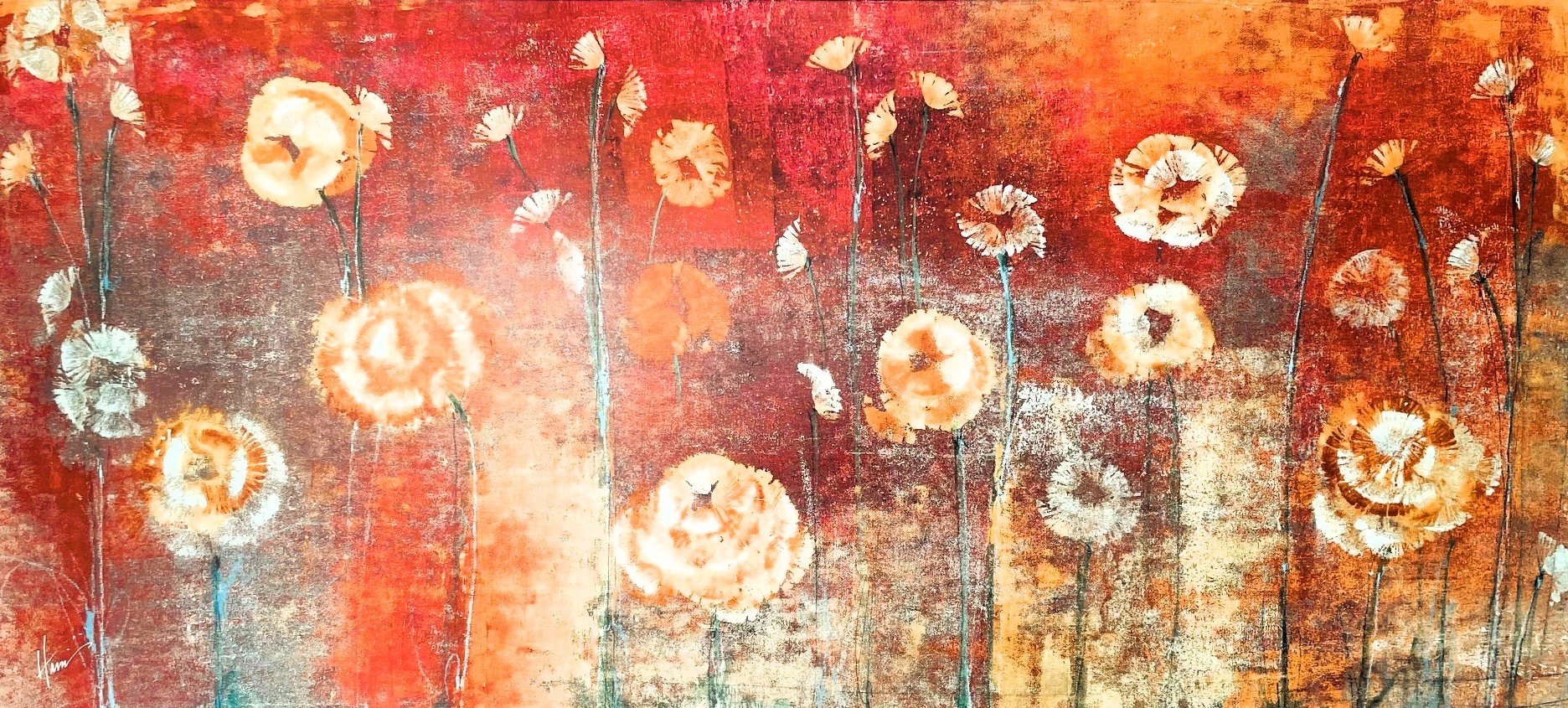Abstract painting of dandelions on a textured red background.
