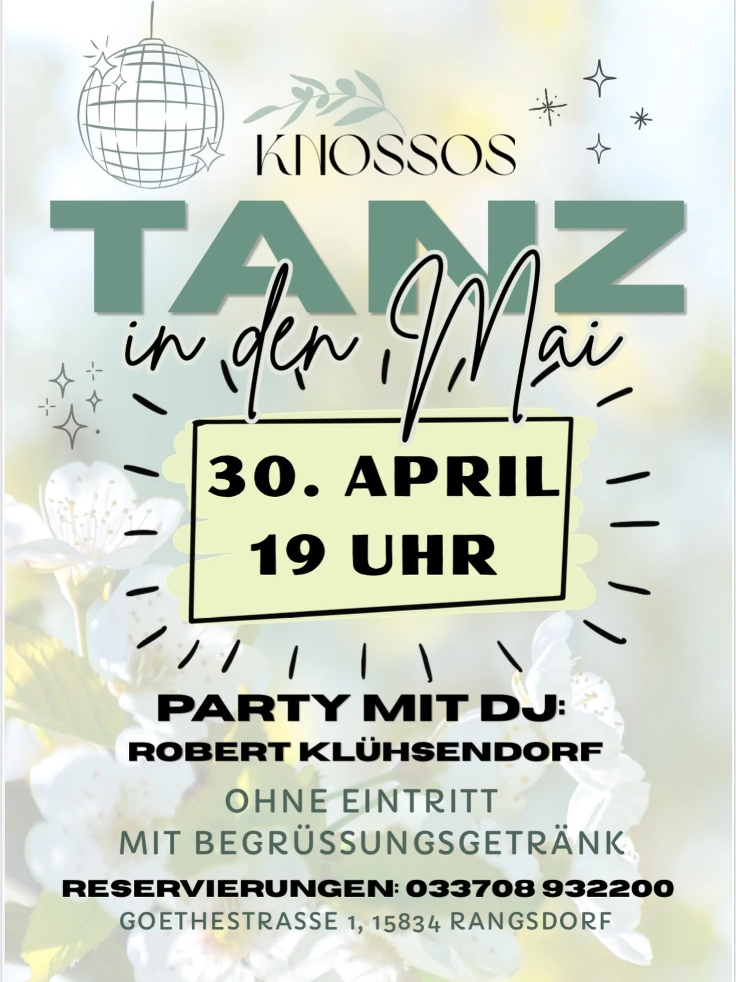 Liebe G&auml;ste, wir lassen es wieder krachen🕺🏻🪩 Am 30. April feiern wir Tanz in den Mai 💃🏼🌼🎶 

F&uuml;r tolle Musik und Stimmung sorgt DJ Robert Kl&uuml;hsendorf 🎧🎵 Eintritt ist kostenlos aber Reservierungen notwendig, seid also schnell‼️
