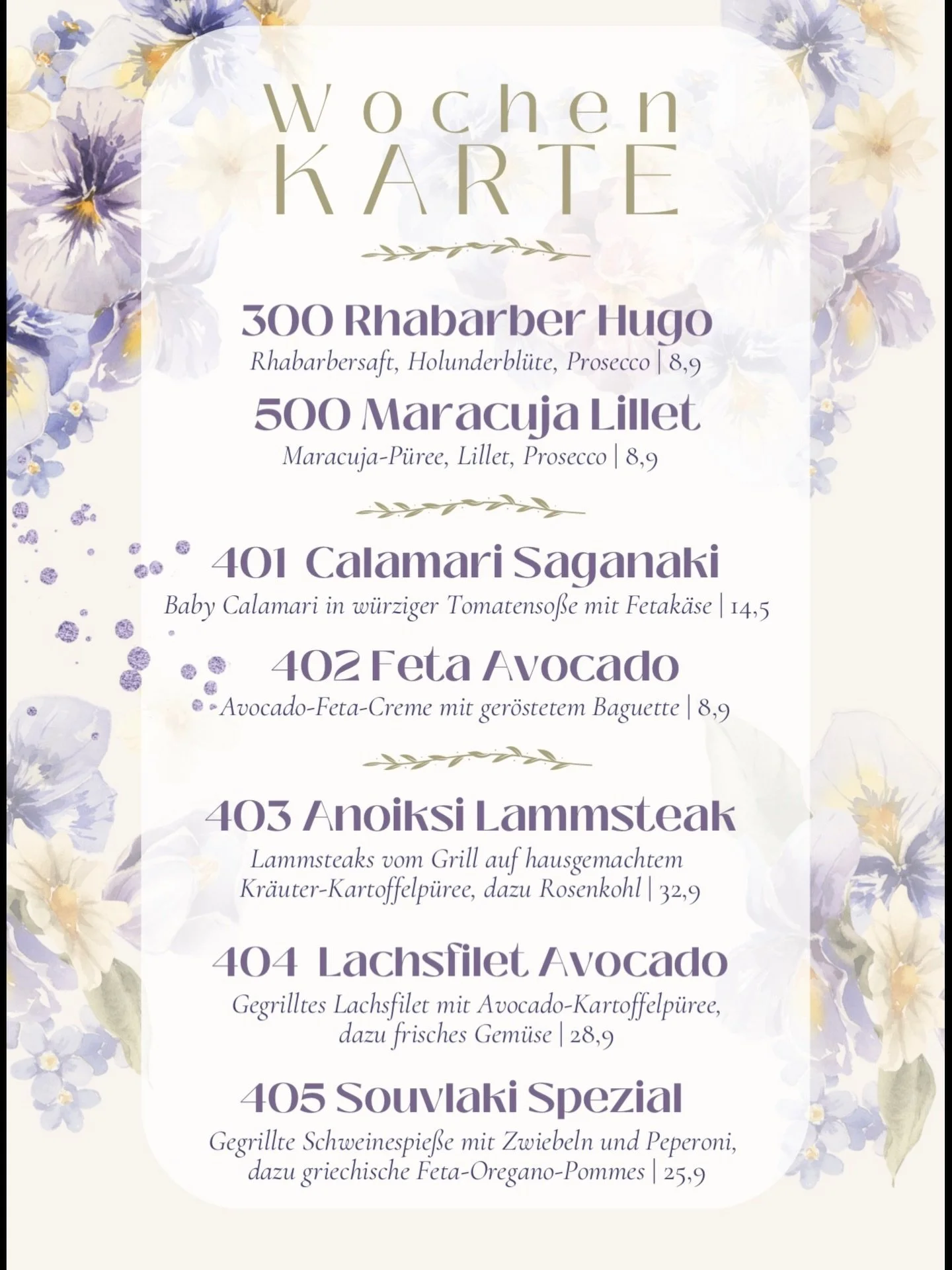 🌸 Wochenkarte im Knossos 🌸

Diese Woche erwarten euch frische Fr&uuml;hlingsgerichte und besondere Spezialit&auml;ten aus unserer K&uuml;che.

🍹 Rhabarber Hugo &ndash; Rhabarbersaft, Holunderbl&uuml;te &amp; Prosecco
🍹 Maracuja Lillet &ndash; fru