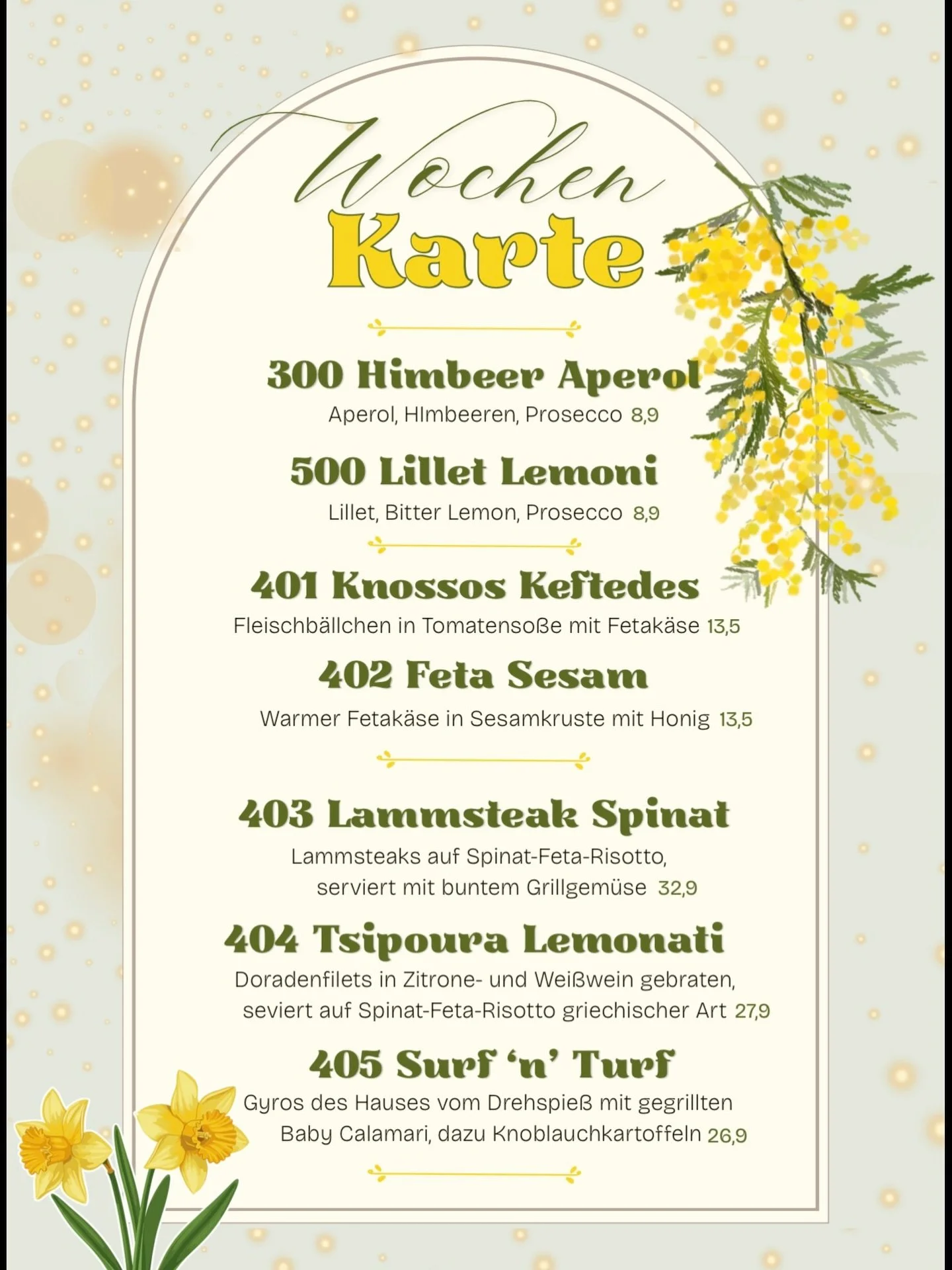 🌼 Neue Wochenkarte im Knossos 🌼

Der Fr&uuml;hling ist da &ndash; und wir bringen euch die passenden Genussmomente auf den Teller 🇬🇷✨

🍓 Himbeer Aperol &ndash; fruchtig &amp; erfrischend
🍋 Lillet Lemoni &ndash; perfekt f&uuml;r einen entspannte