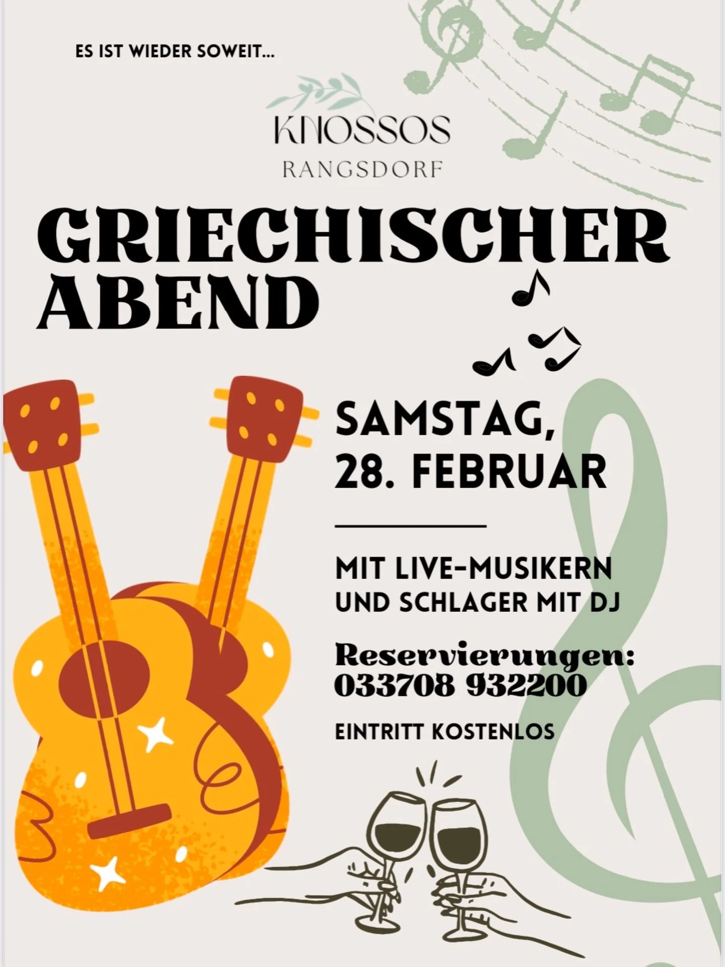 In einer Woche ist es soweit! 💃🏼🎶🏛️ Wir haben noch ein paar Tische frei, seid also schnell und schnappt euch jetzt die letzten Pl&auml;tze! 🍽️🏺 Es wird wiedermal ein lustiger, unterhaltsamer Abend mit viel Tanz, Ouzo, griechischer Live-Musik un