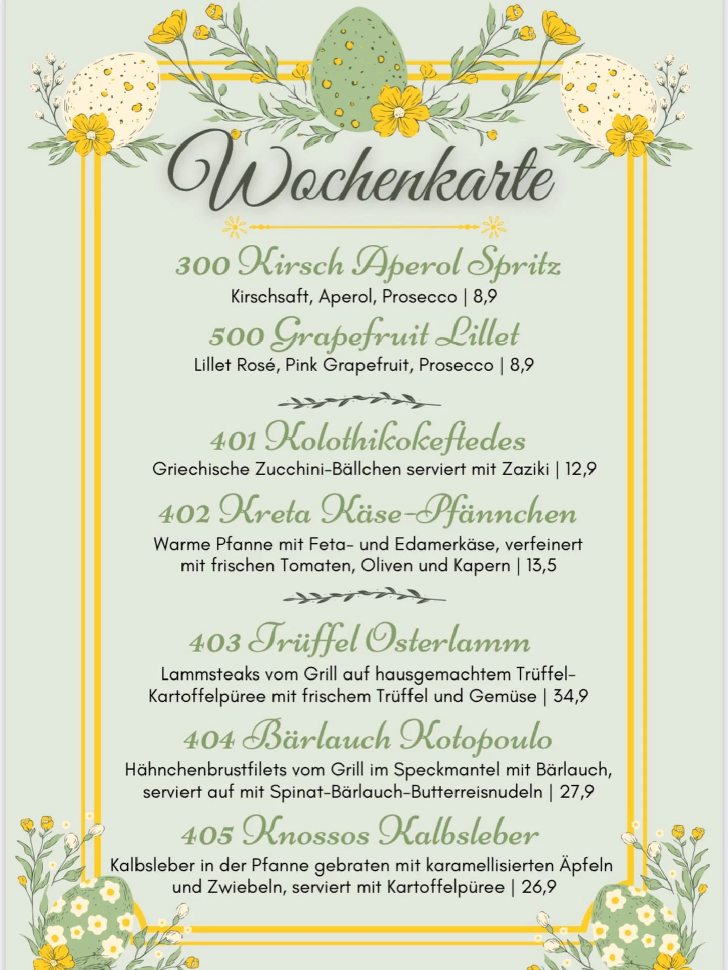 Endlich ist es soweit, unsere Ostern 2026 Wochenkarte ist heute ab 17 Uhr erh&auml;ltlich 🐣💝✨

Wir haben saisonale Besonderheiten f&uuml;r euch, wundersch&ouml;ne Gerichte f&uuml;r ein leckeres Festessen zu den Feiertagen, sowie ganz viele Neuigkei