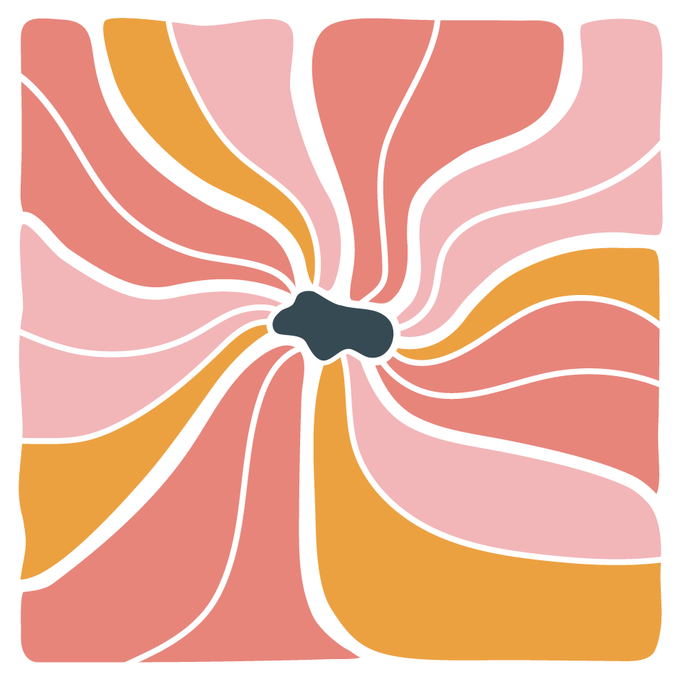 Abstract floral design with pink, orange, and black petal-like shapes and white outlines