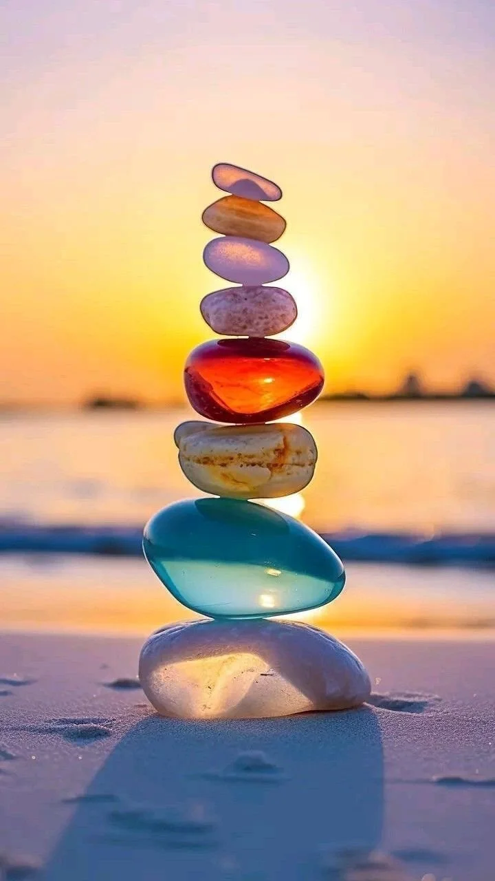 Stacked colorful stones balanced on a sandy beach at sunset with the ocean in the background.