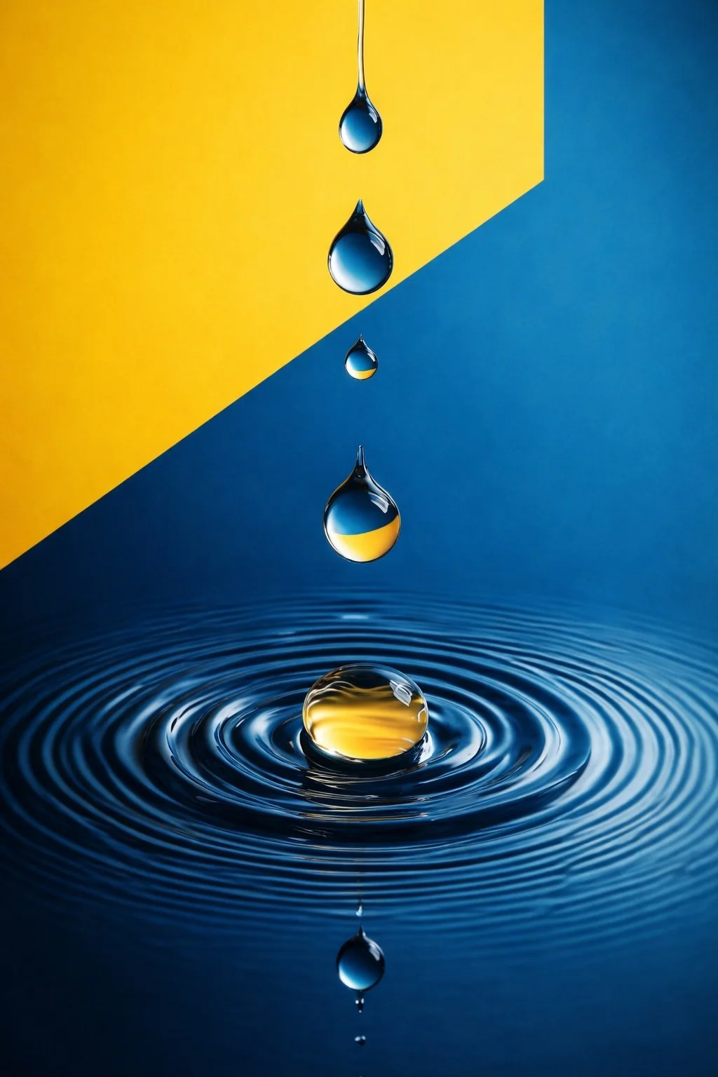 Close-up of water droplets falling into a body of water, creating ripples. The background is split diagonally with yellow on the top left and blue on the bottom right.