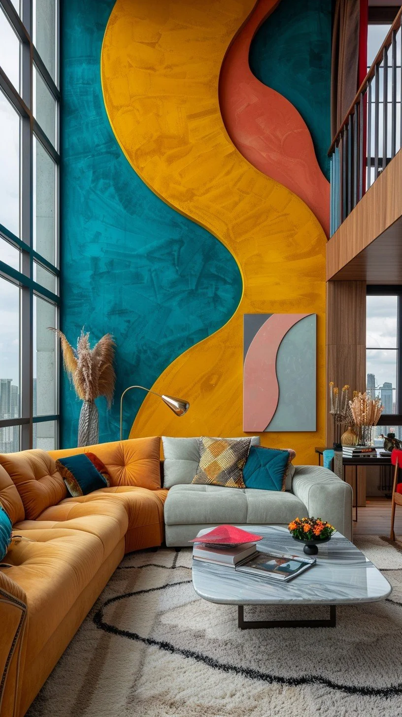 Modern living room with large colorful wall mural, yellow and teal curved designs, and contemporary furniture including a beige sofa with pillows, a marble coffee table, a decorative floor lamp, large window with city view, and indoor plants.